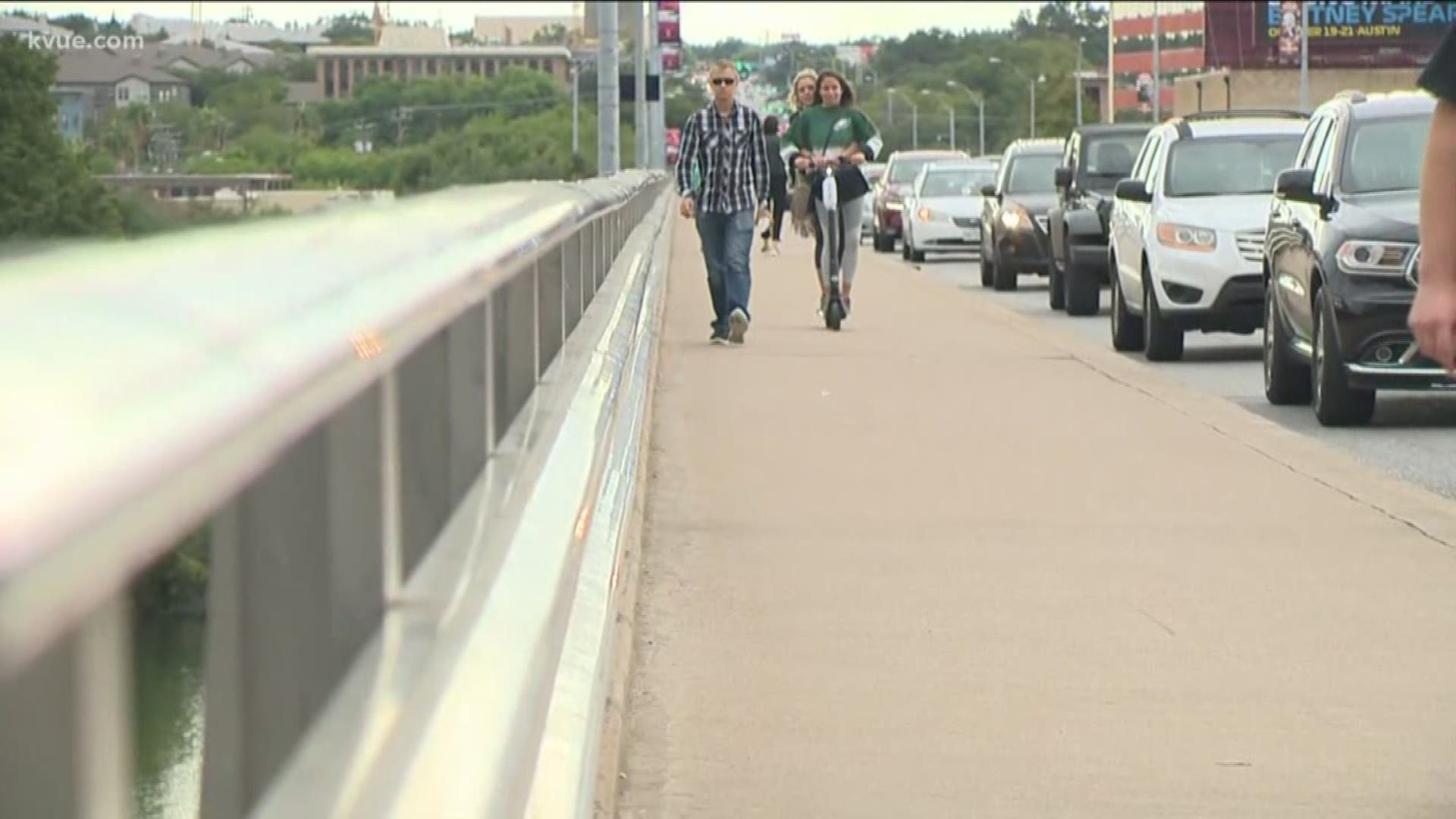 A woman said riders nearly ran her over last weekend while she walked on the Congress Avenue Bridge while they were riding scooters.