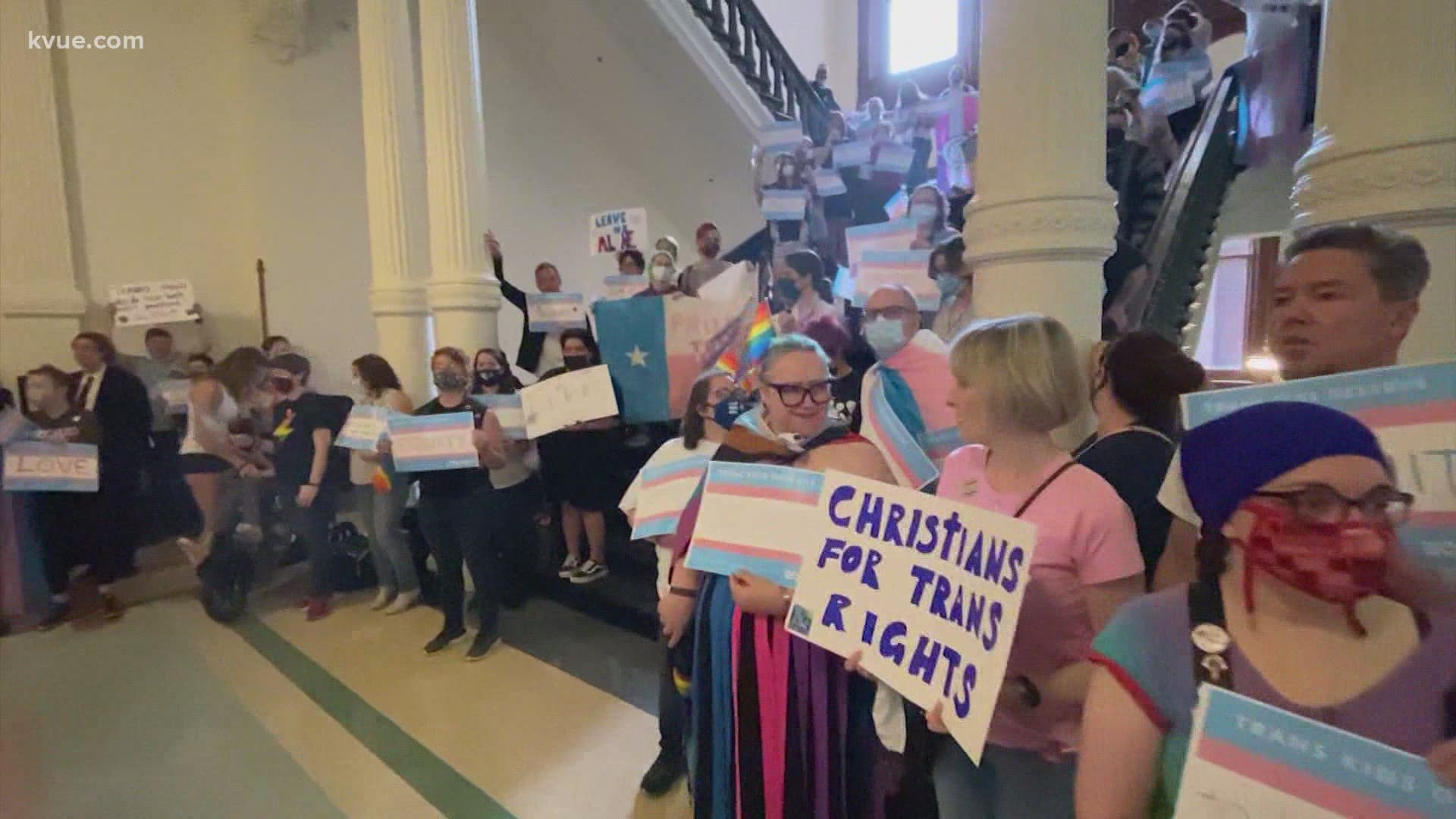 Transgender rights activists rallied at the 87th Texas legislative session on Sunday.