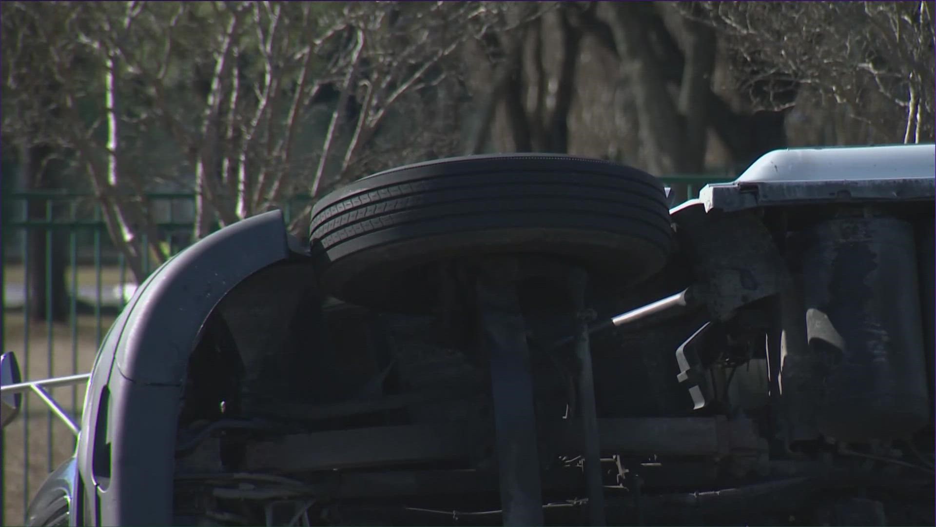 An 18-wheeler ended up on its side on Tuesday morning and shut down part of Parmer Lane.