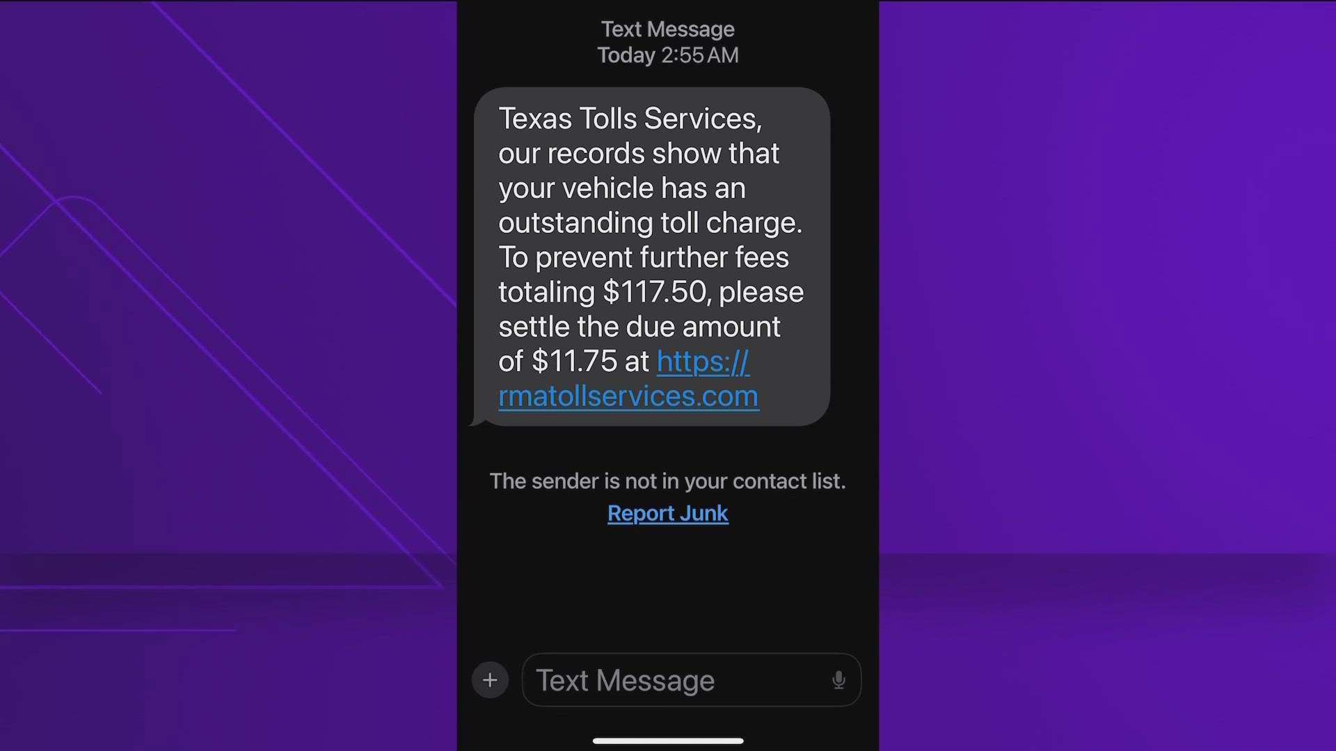 The text claims the driver has an outstanding toll charge, but the Central Texas Regional Mobility Authority says it will never text asking for personal information.