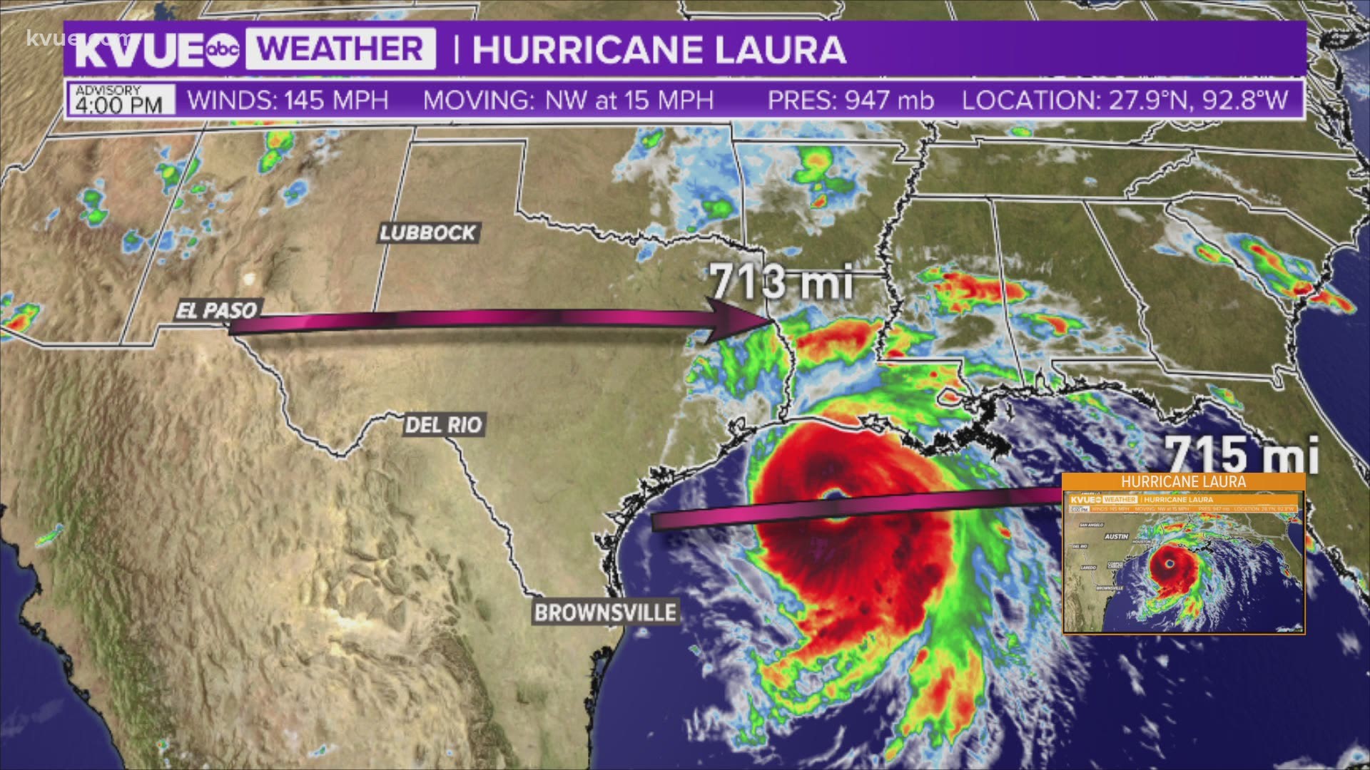 If you include its outer bands, Hurricane Laura is about the size of the state of Texas as of 5 p.m. Wednesday.