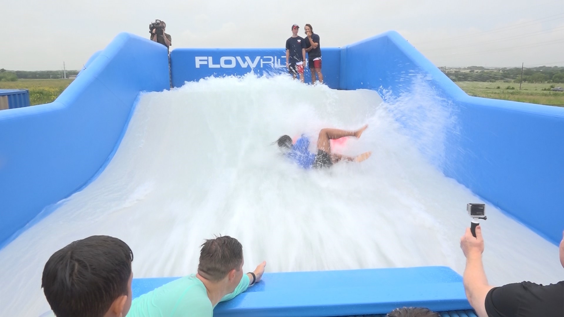 Team Daybreak took a few spills while tackling the new PFlowrider surf simulator.