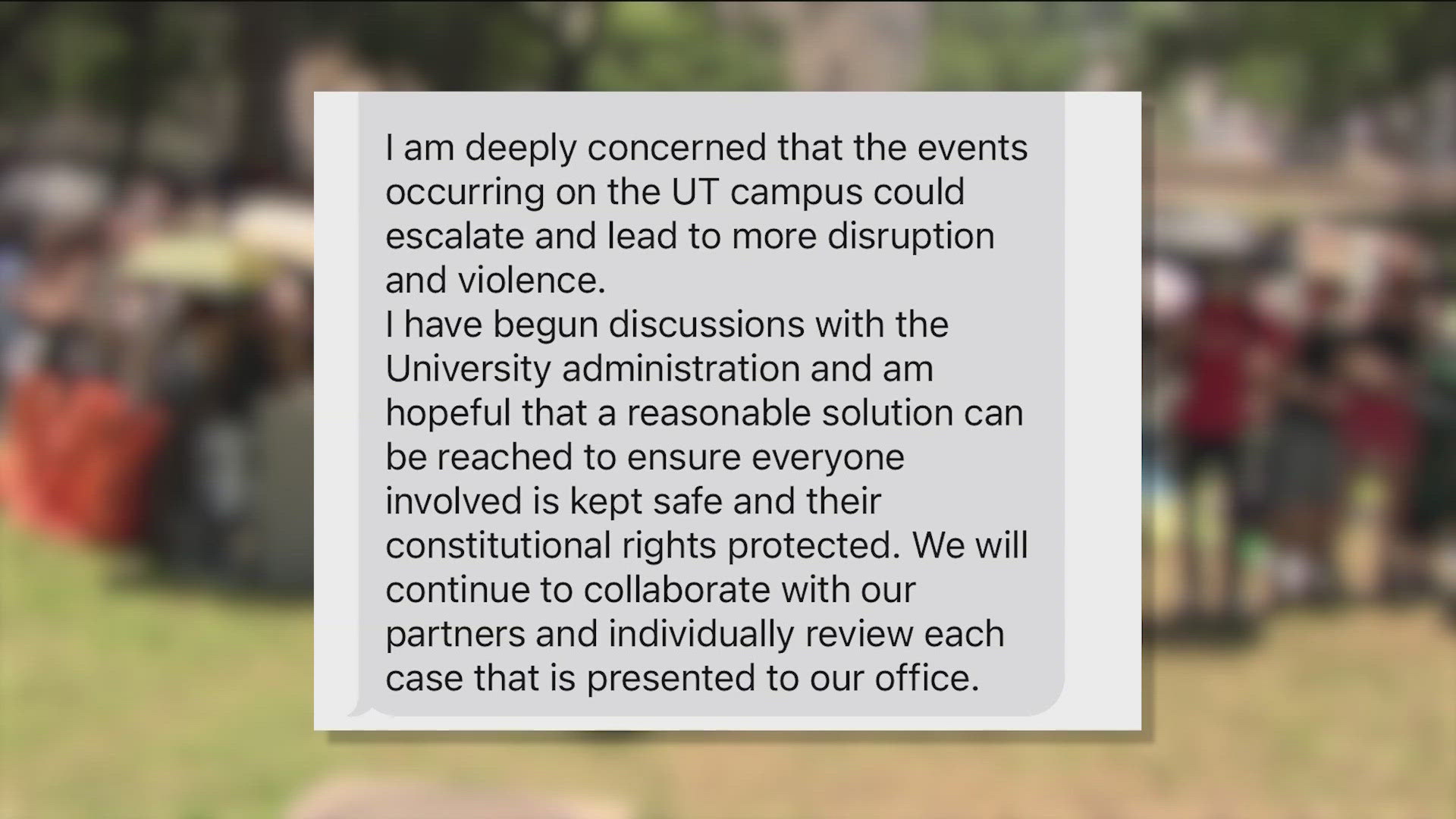 The Travis County attorney expressed her concerns Monday night, stating she has begun to speak with university administration about reaching a solution.