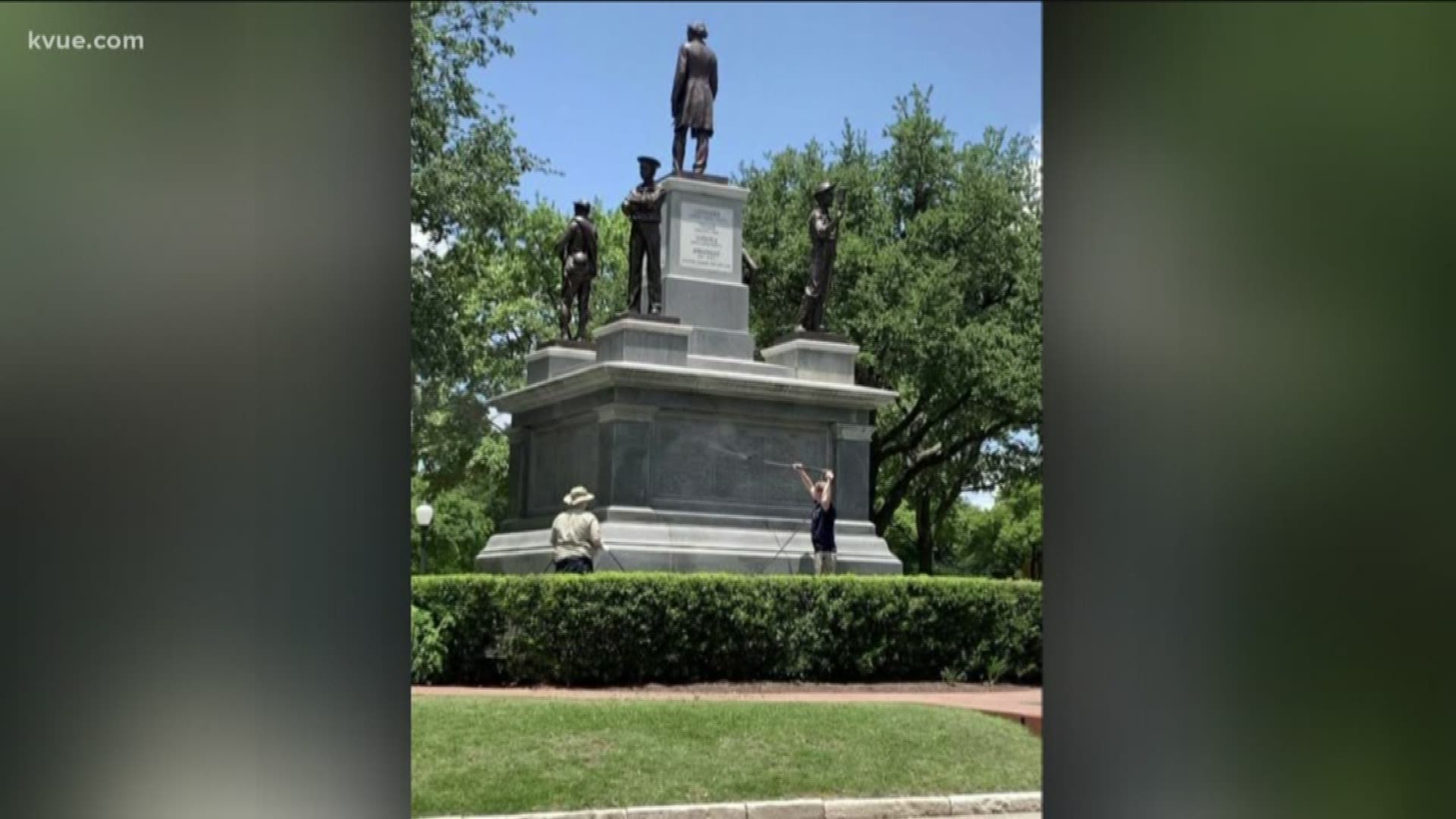 Someone vandalized the Confederate Soldiers Monument outside the Texas Capitol by painting the word "Racists" on its base.