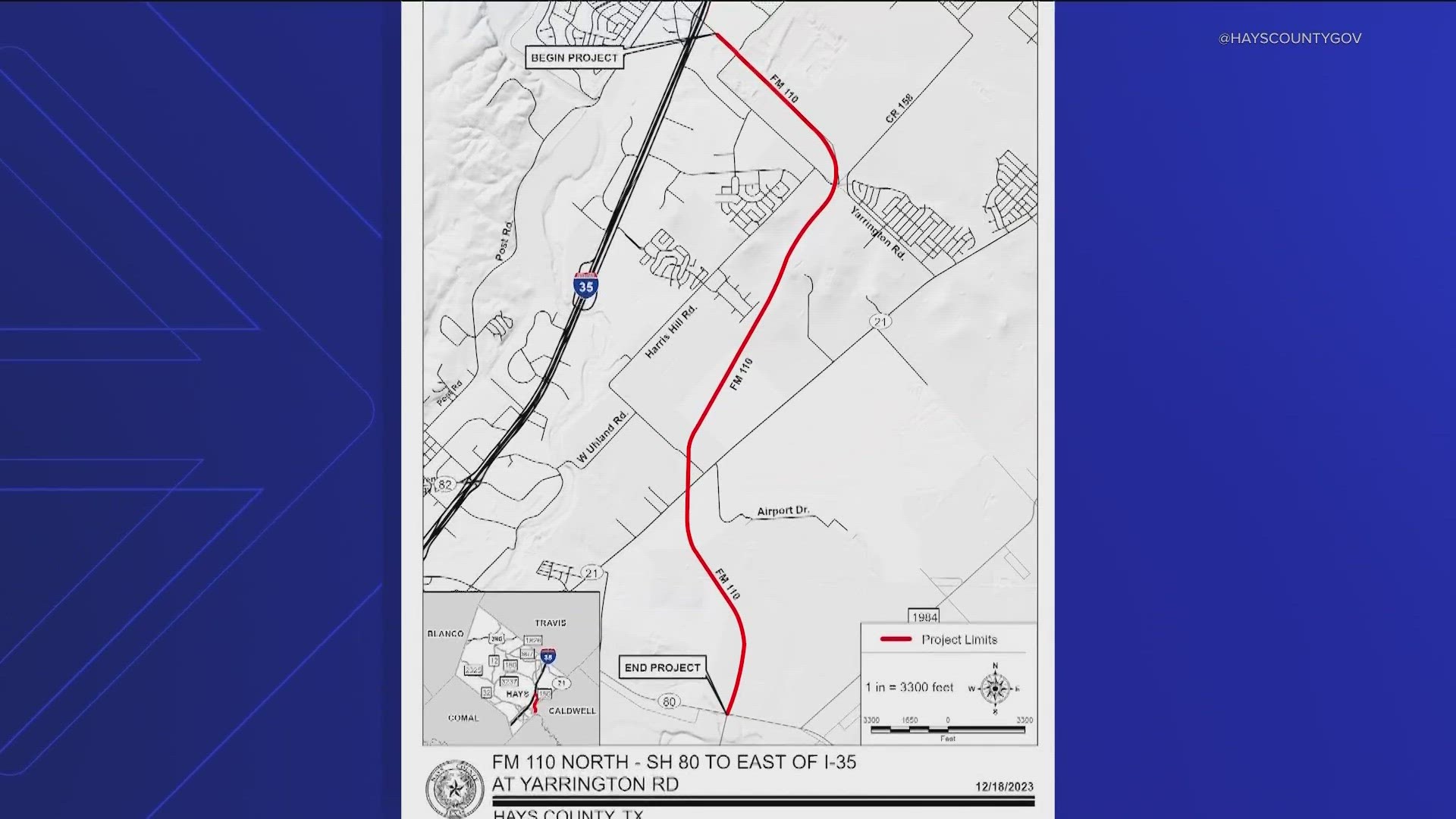 FM 110 runs parallel to I-35, stretching from Yarrington Road to SH 80.