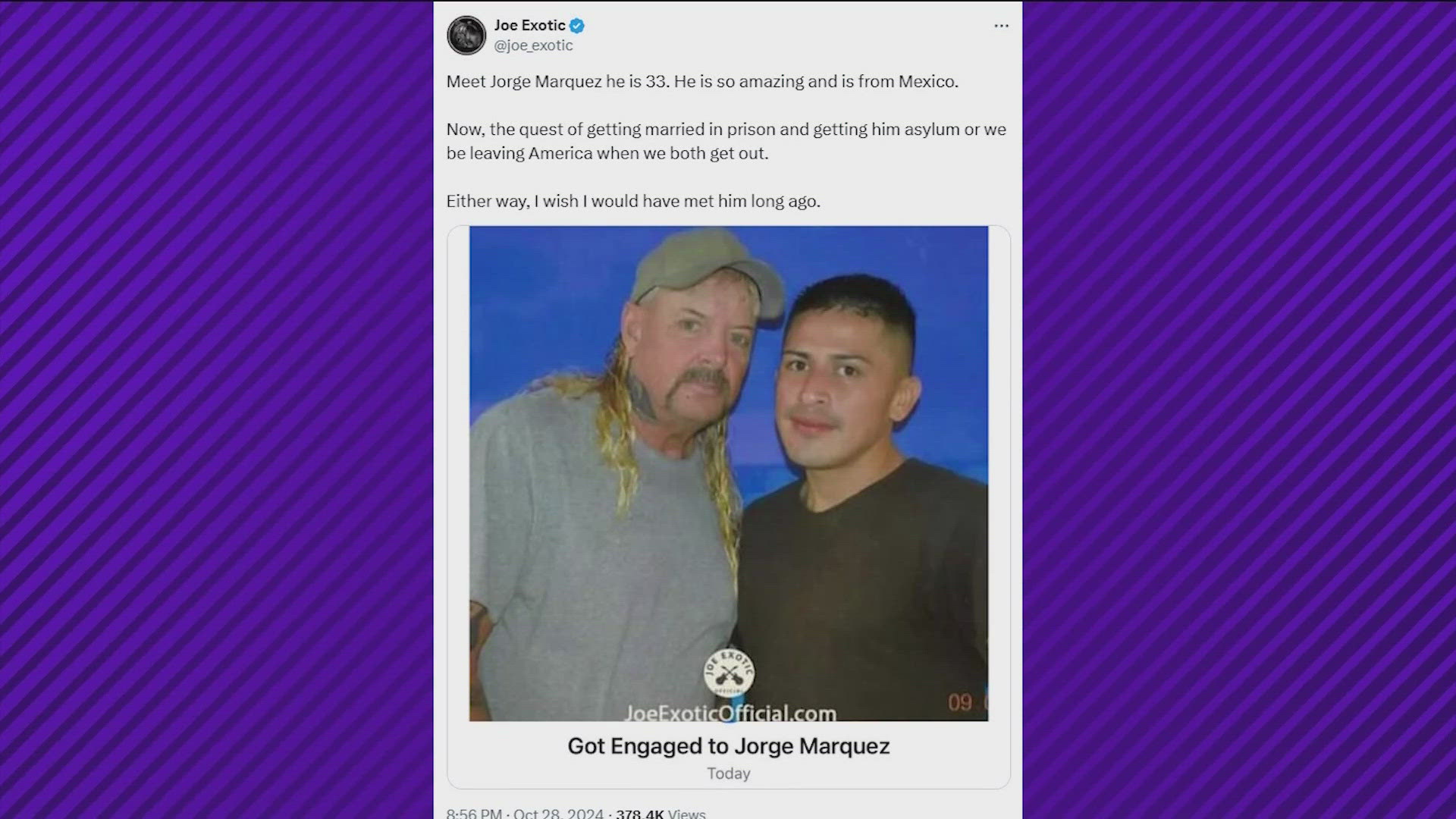 "Joe Exotic," the man made famous by the Netflix series "Tiger King," has announced his engagement to a fellow inmate.