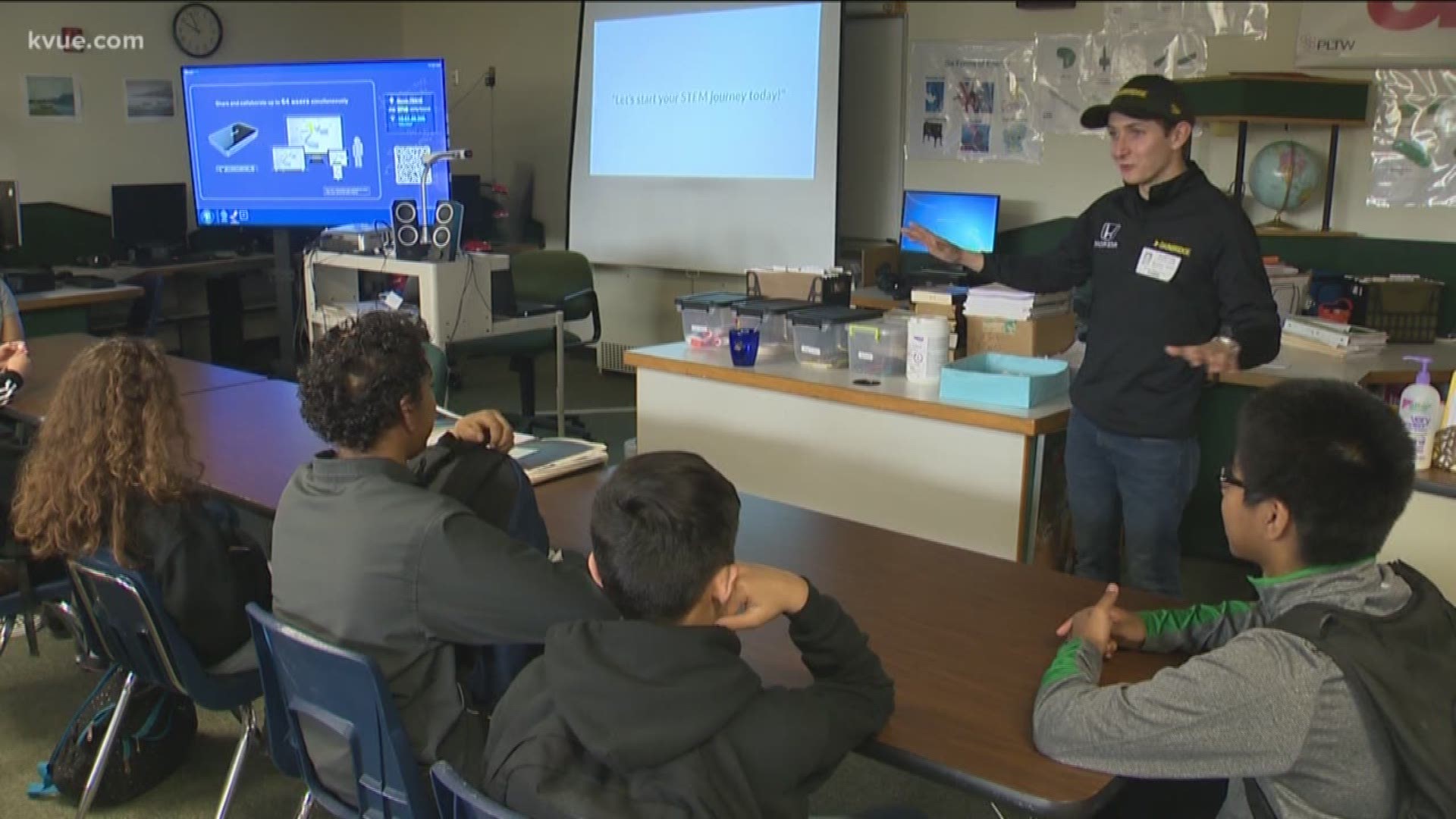 The IndyCar series was at the Circuit of the Americas over the weekend but, before they all left, one driver stopped by a local school to talk to kids about careers in STEM.