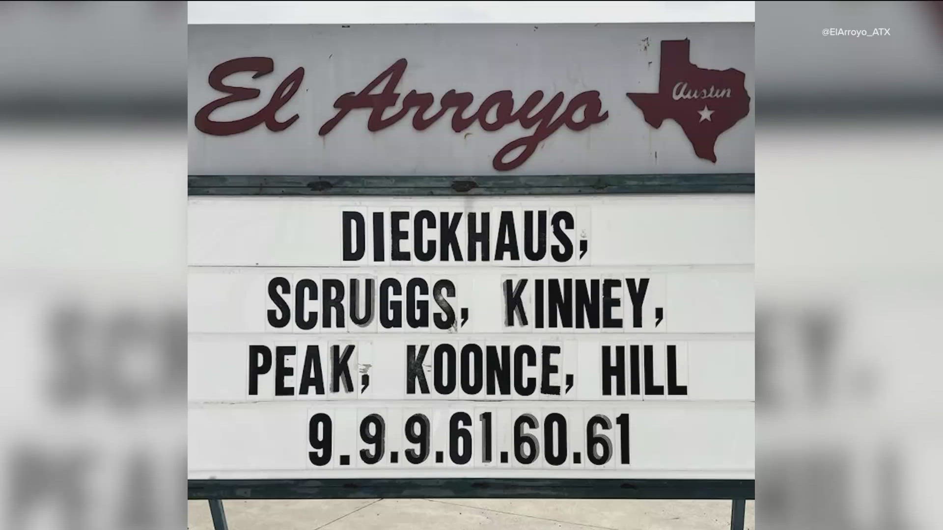 "Dieckhaus, Scruggs, Kinney, Peak, Koonce, Hill. 9.9.9.61.60.61," was written on the restaurant's marquee.
