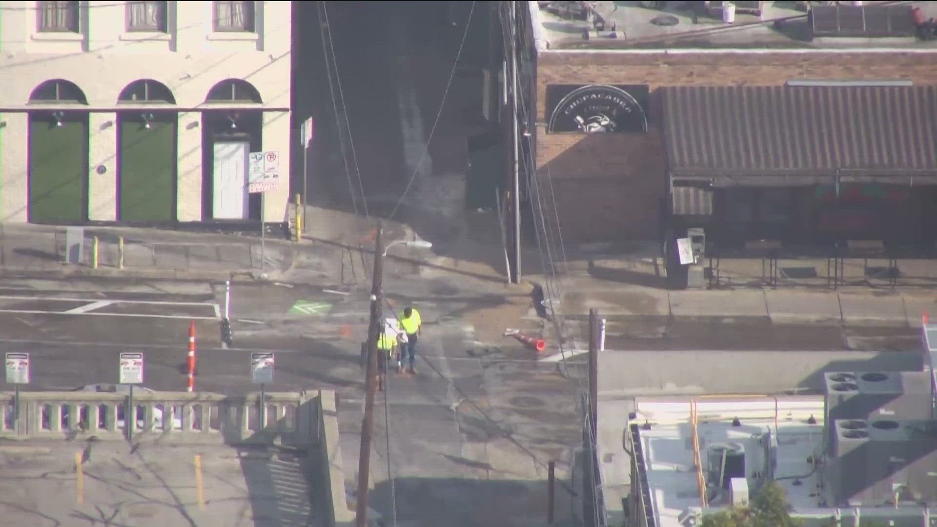 Crews are assessing a water main break at Trinity Street between Sixth and Seventh streets.