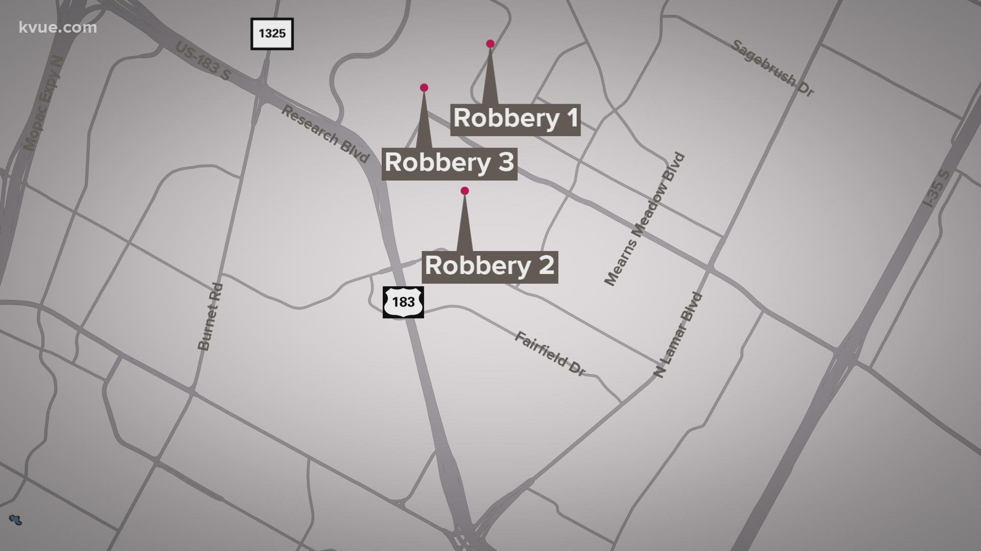 Officials said the robberies happened in northeast Austin over the last month and that they are waiting for more possible victims to come forward.