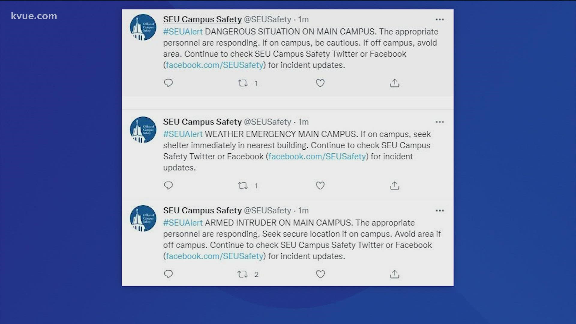 The first message stated that there was a dangerous situation on campus. Two more were sent for an armed intruder and a weather emergency.