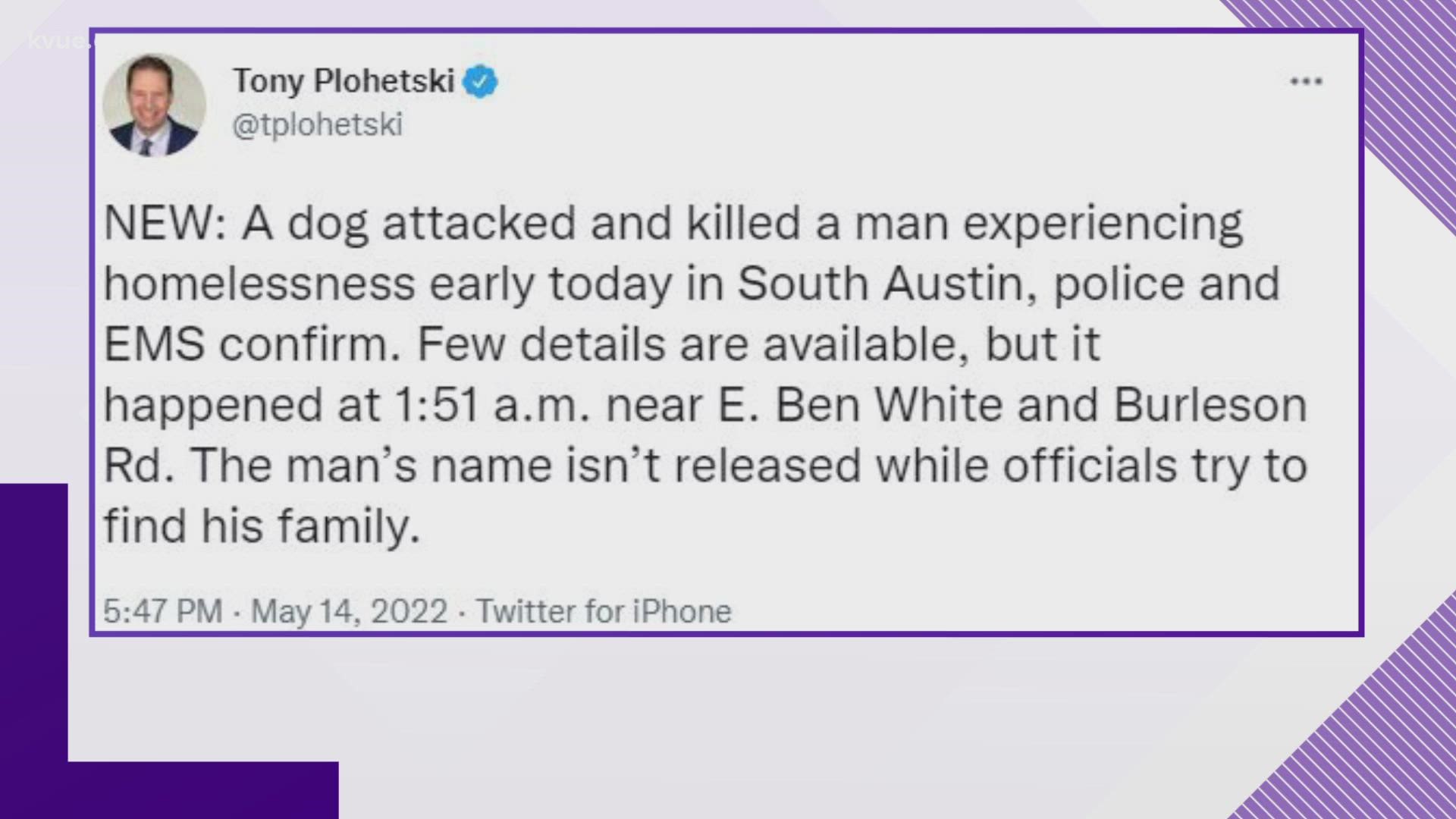 Officials tell KVUE's Tony Plohetski the incident happened near E. Ben White Boulevard and Burleson Road.