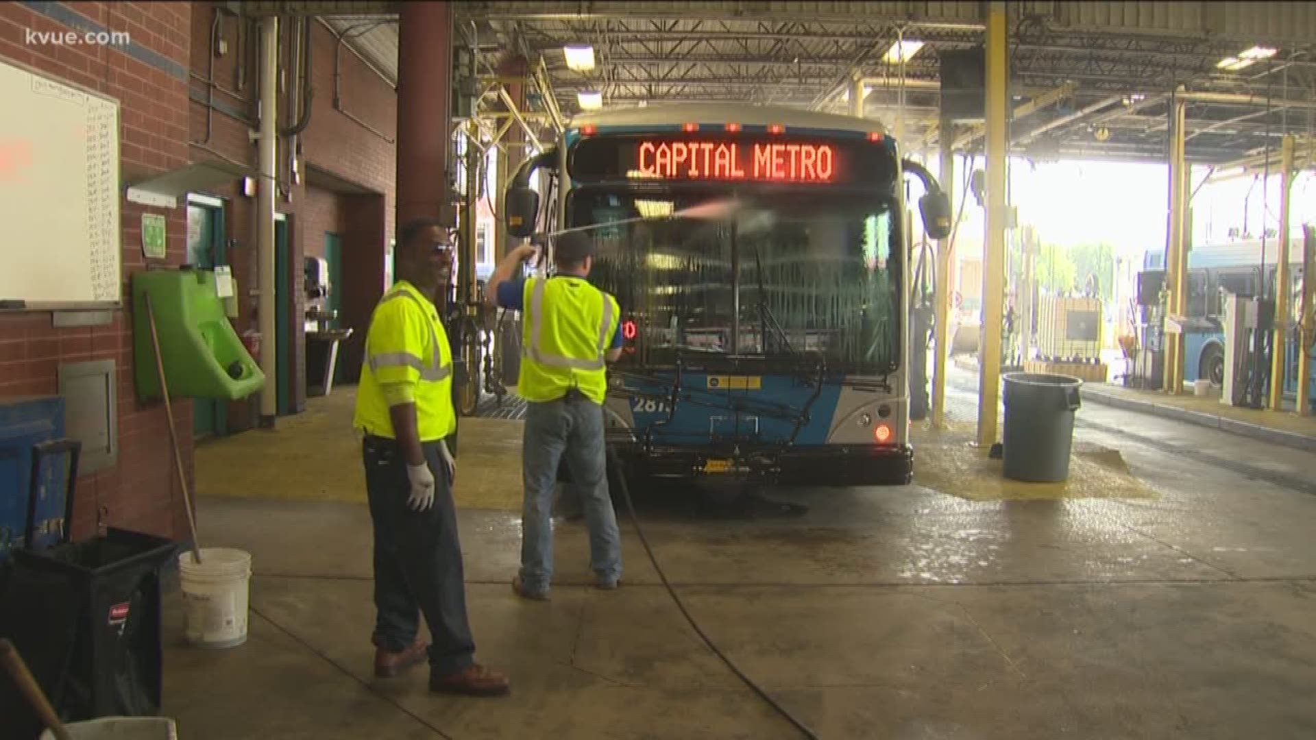 Keeping the Capital Metro bus fleet clean and running smoothly is a big job. The staff services every single bus daily, which includes mopping the floors, washing the windshields, fueling the unit and checking the other engine fluids.