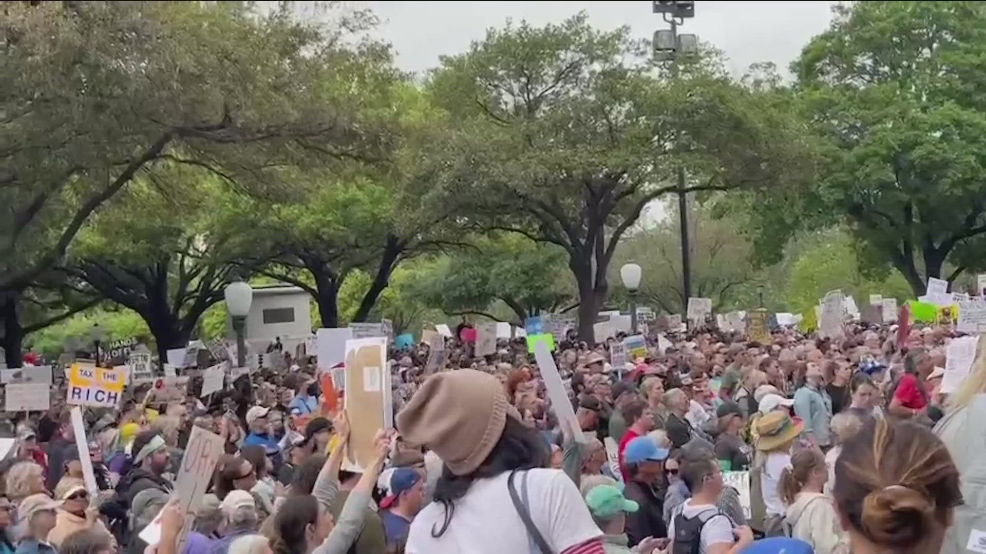So-called Hands Off! demonstrations were organized for more than 1,200 locations in all 50 states by more than 150 groups.