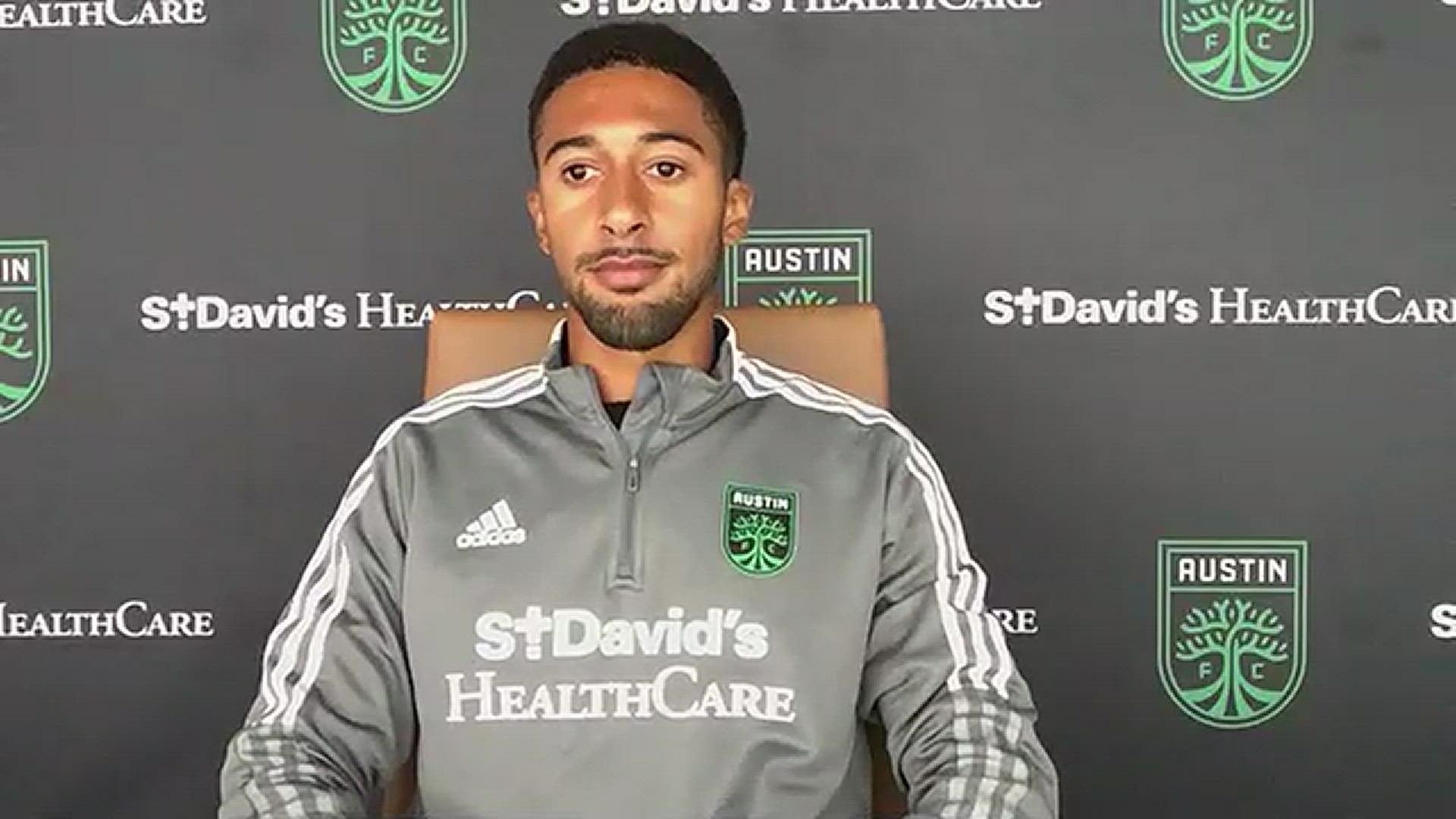 Austin FC forward McKinze Gaines speaks to the media on Oct. 14 before the club's match against Minnesota United FC on Oct. 16.