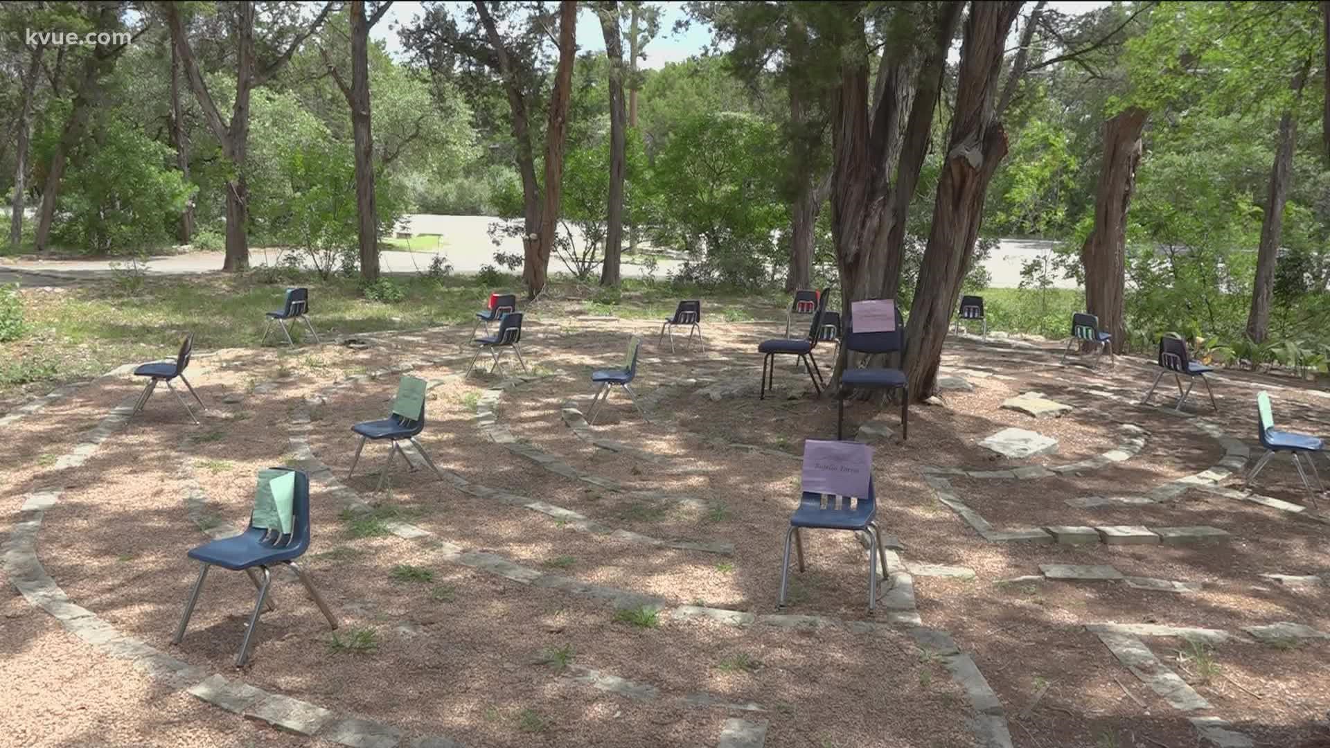 Members of the Westlake United Methodist Church in Austin created a memorial for the Uvalde shooting victims.