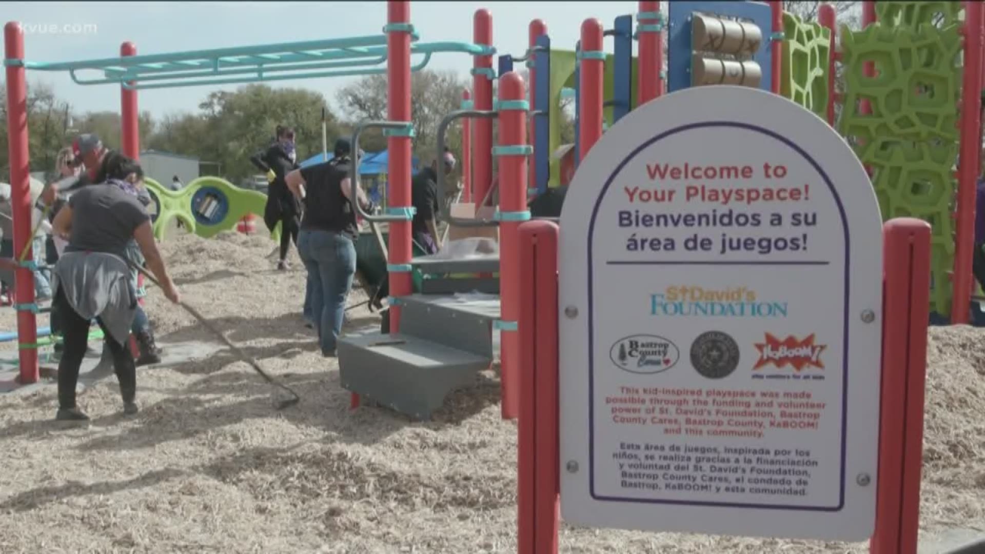 Volunteers worked together to build the new play area near Bluebonnet Elementary.
