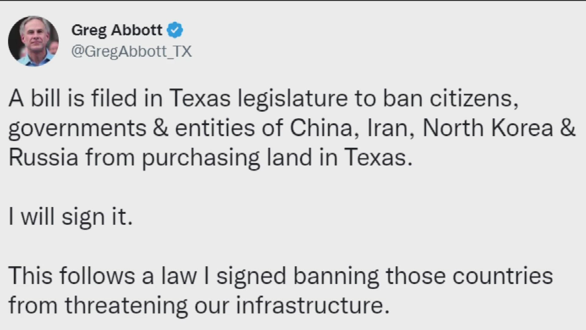 SB 147 would ban citizens and government entities of North Korea, Iran, Russia or China from buying property in Texas.