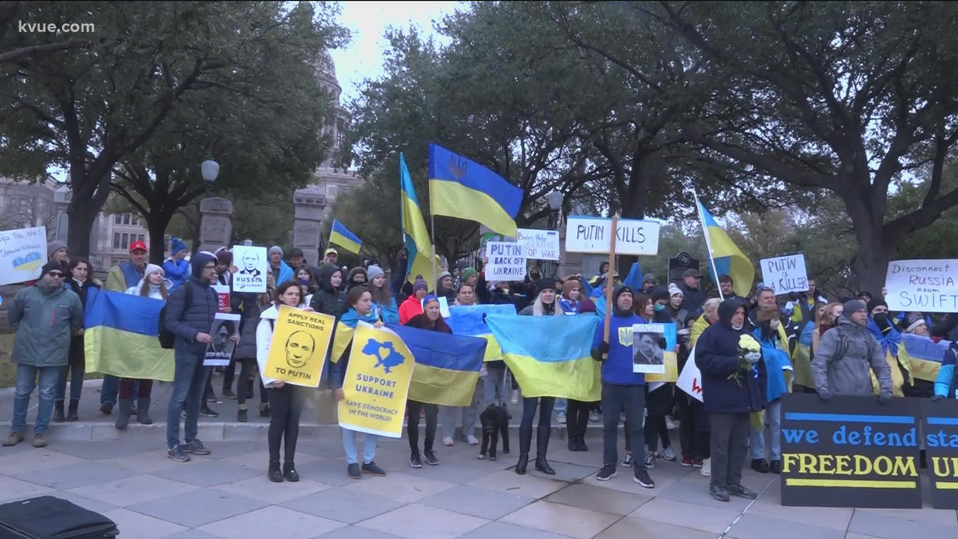 Protesters met in front of the Texas Capitol to call on local and national officials to support Ukraine against Russian attacks.