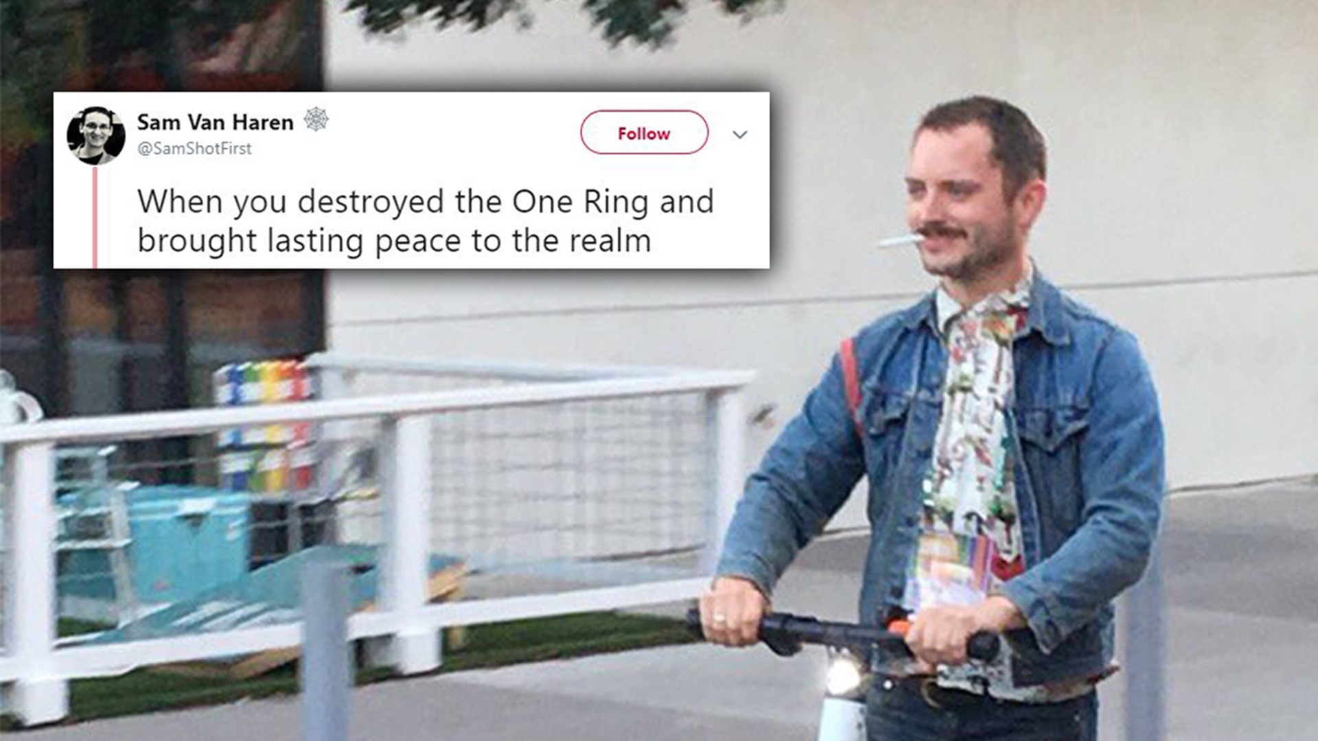 Elijah Wood spotted riding scooter in Austin, instant meme