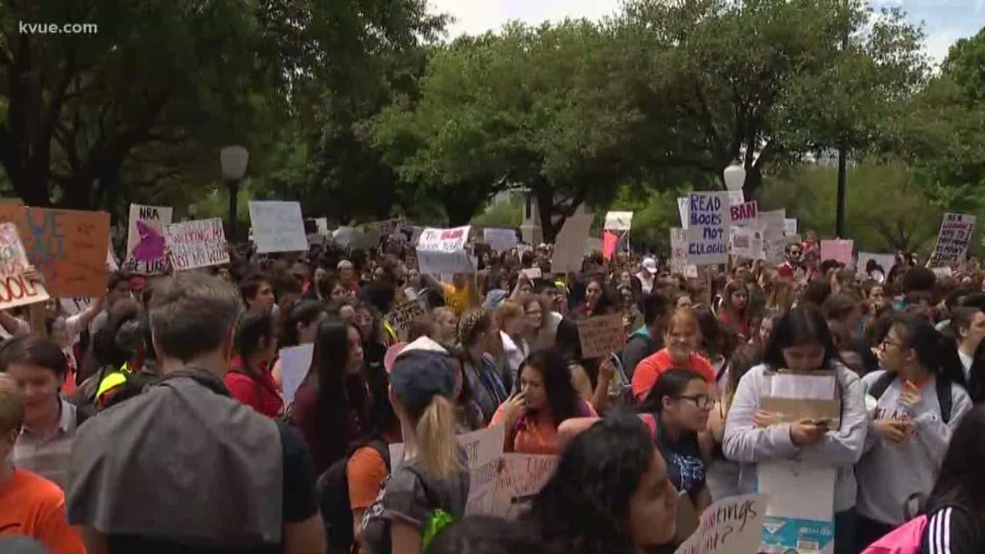 Hundreds of Austin-area students walked out of their school and made their way to the Texas State Capitol as part of National School Walkout Day Friday, April 20.