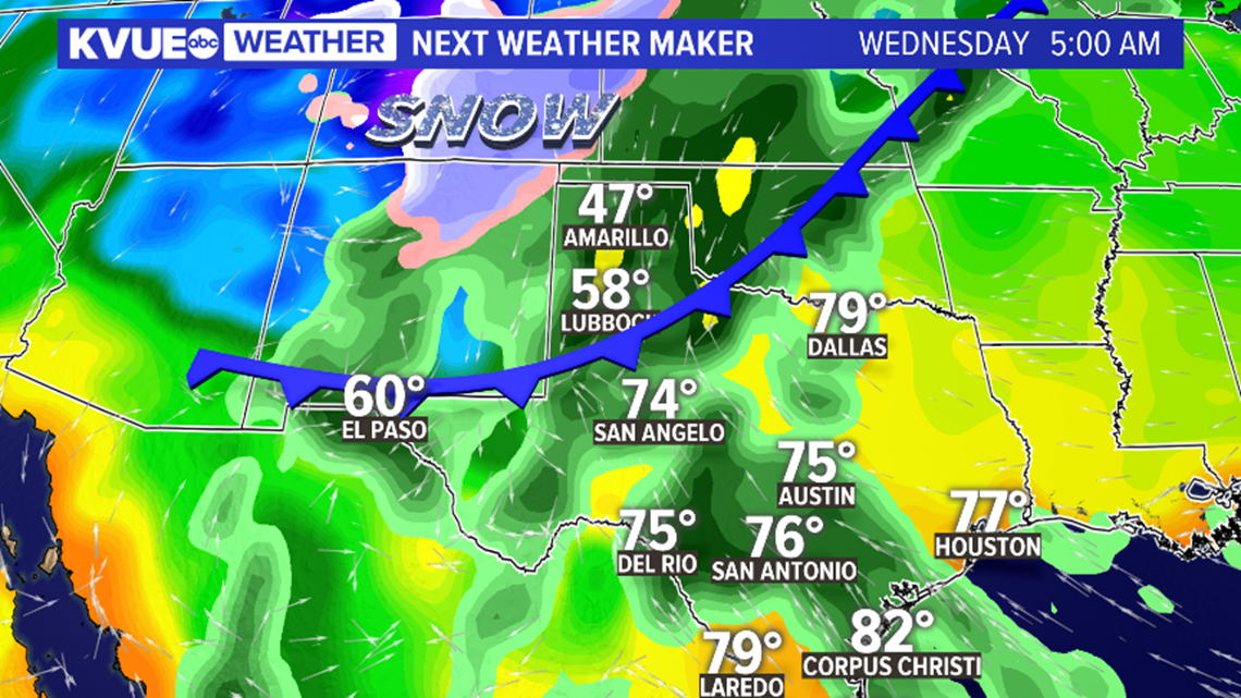 Cold front approaches Central Texas Wednesday, higher rain chances and