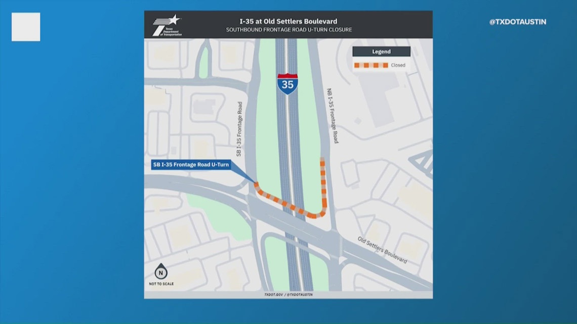 Southbound I-35 frontage road U-turn at Old Settlers Boulevard to close this weekend in Round Rock