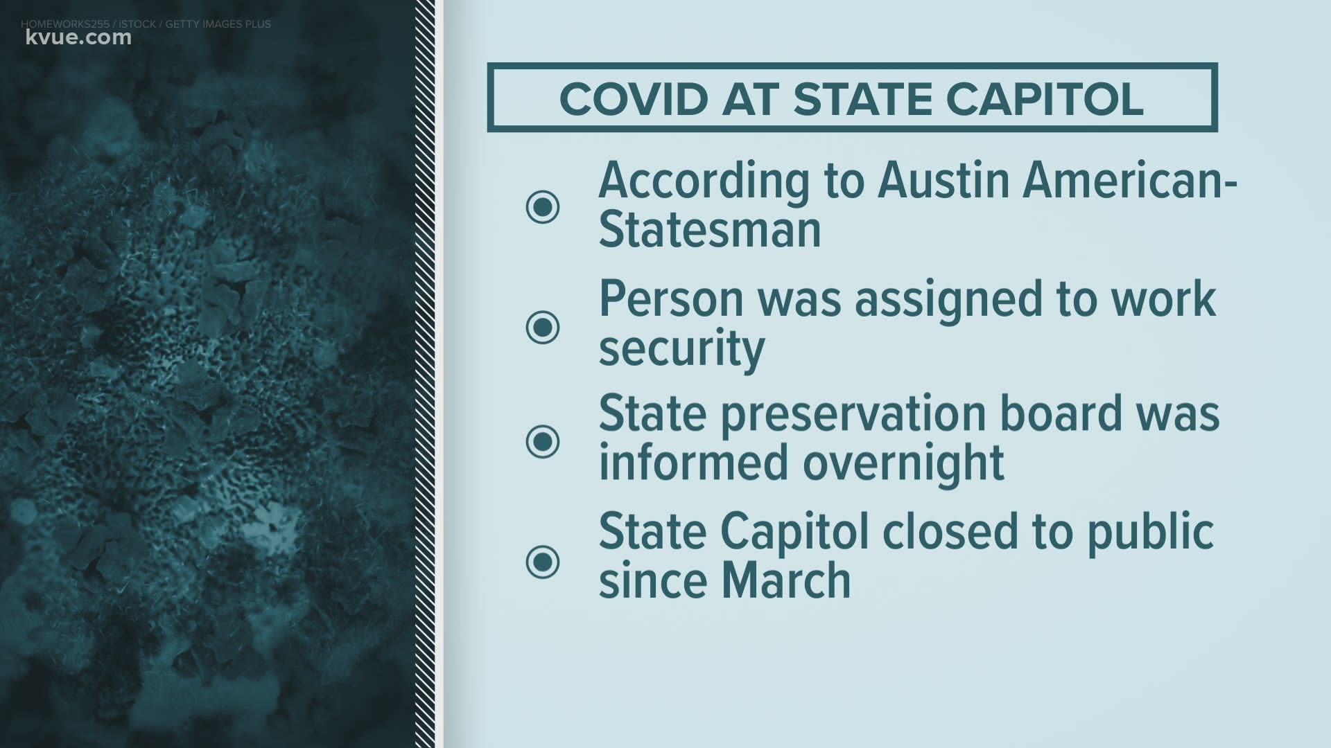 Reports state someone working security at the State Capitol during recent protests has tested positive for the coronavirus.