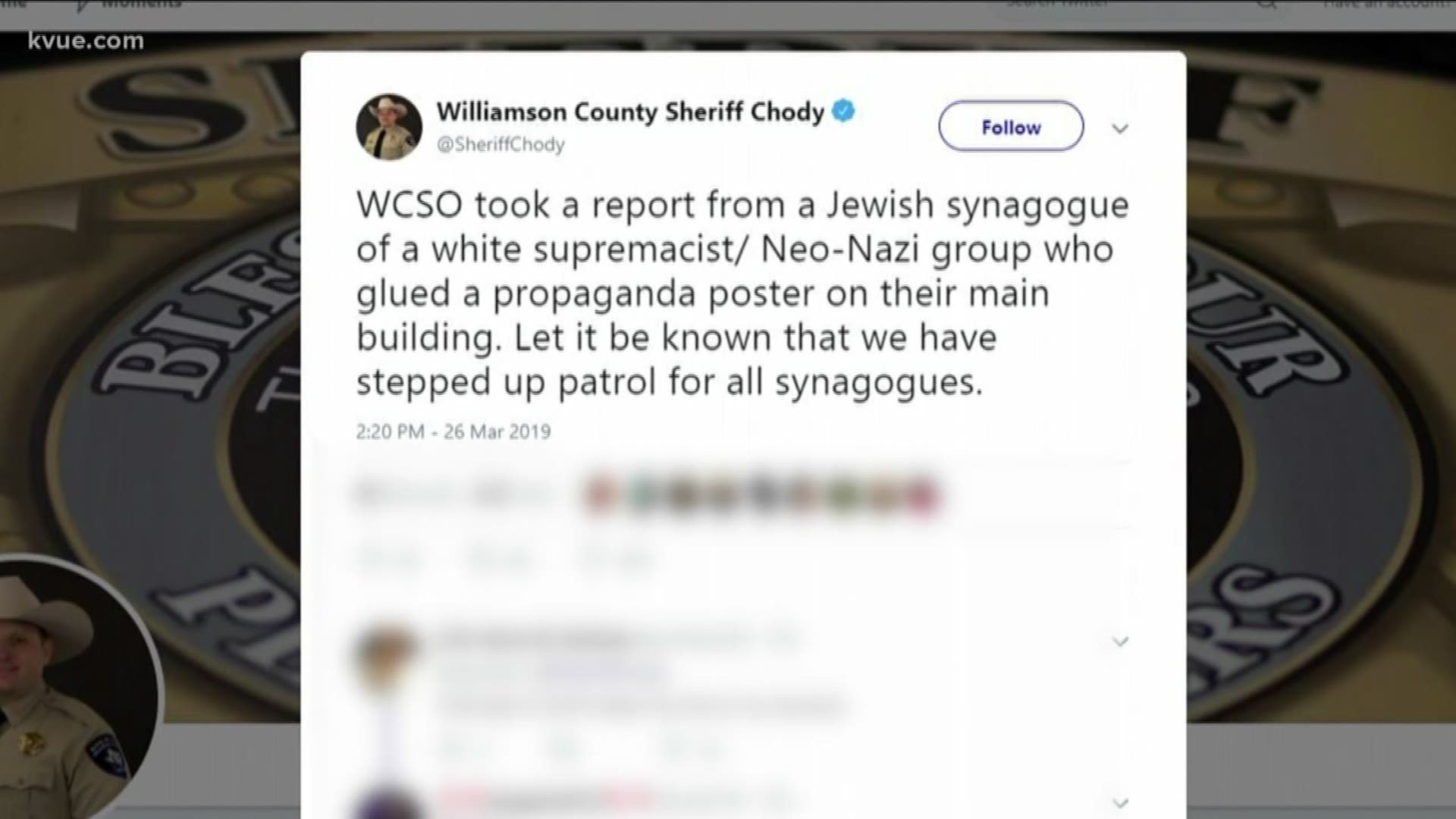 More deputies in Williamson County are patrolling synagogues after members of a neo-nazi group glued a propaganda poster on one of them.