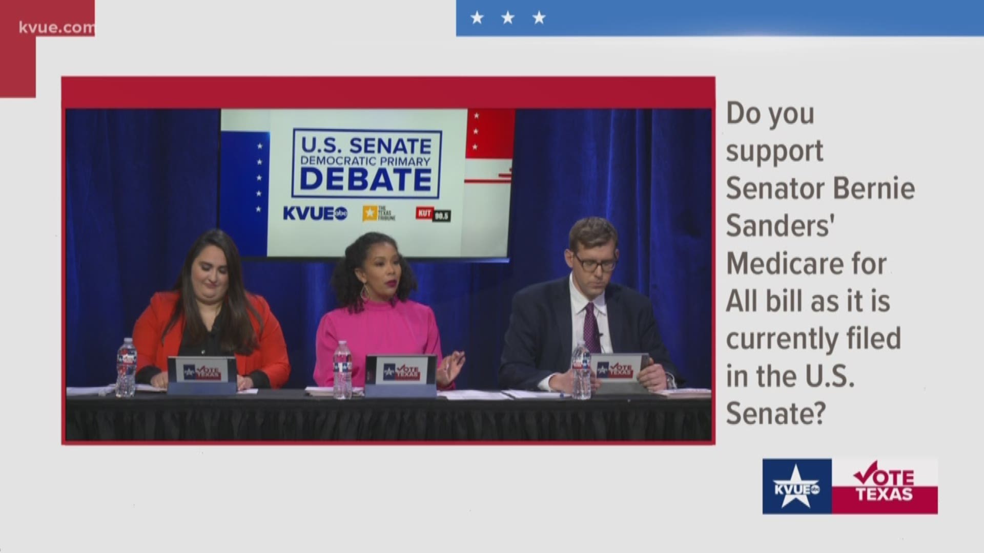 The U.S. Senate Democratic debate candidates were asked whether or not they support Bernie Sanders' Medicare for all bill.