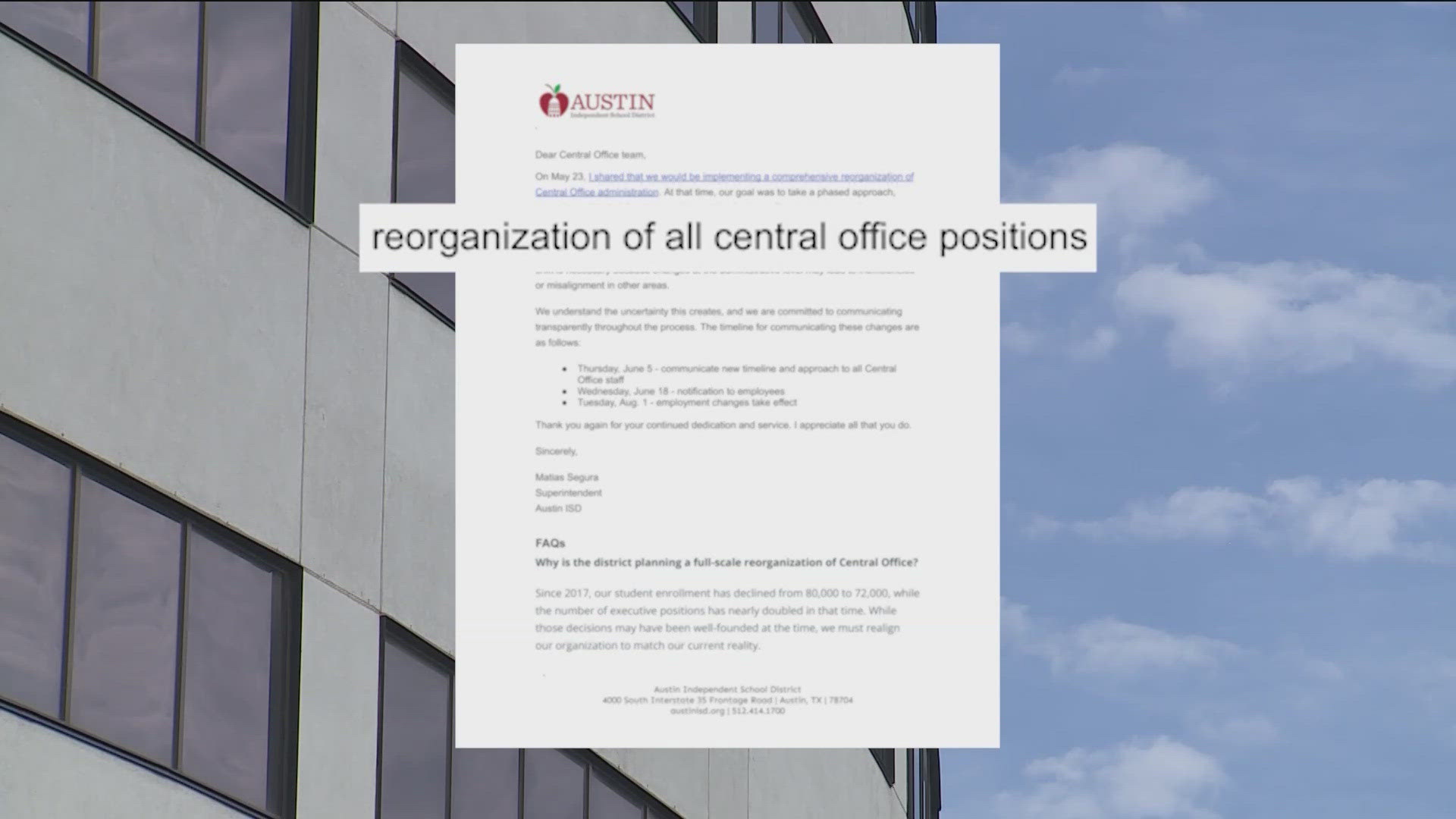 The district recently stated its plans to reorganize office positions in an effort to address the budget deficit. 