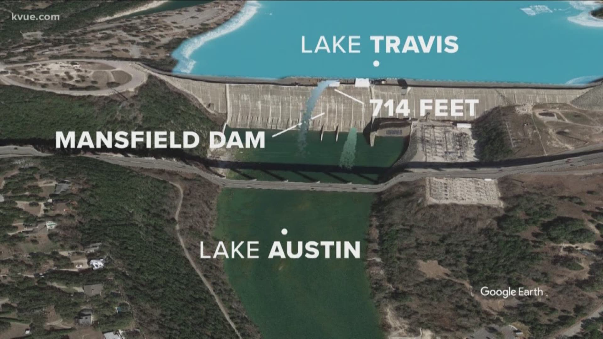 This water from Lake Travis continues to surge out of the four floodgates currently open at the Mansfield Dam.