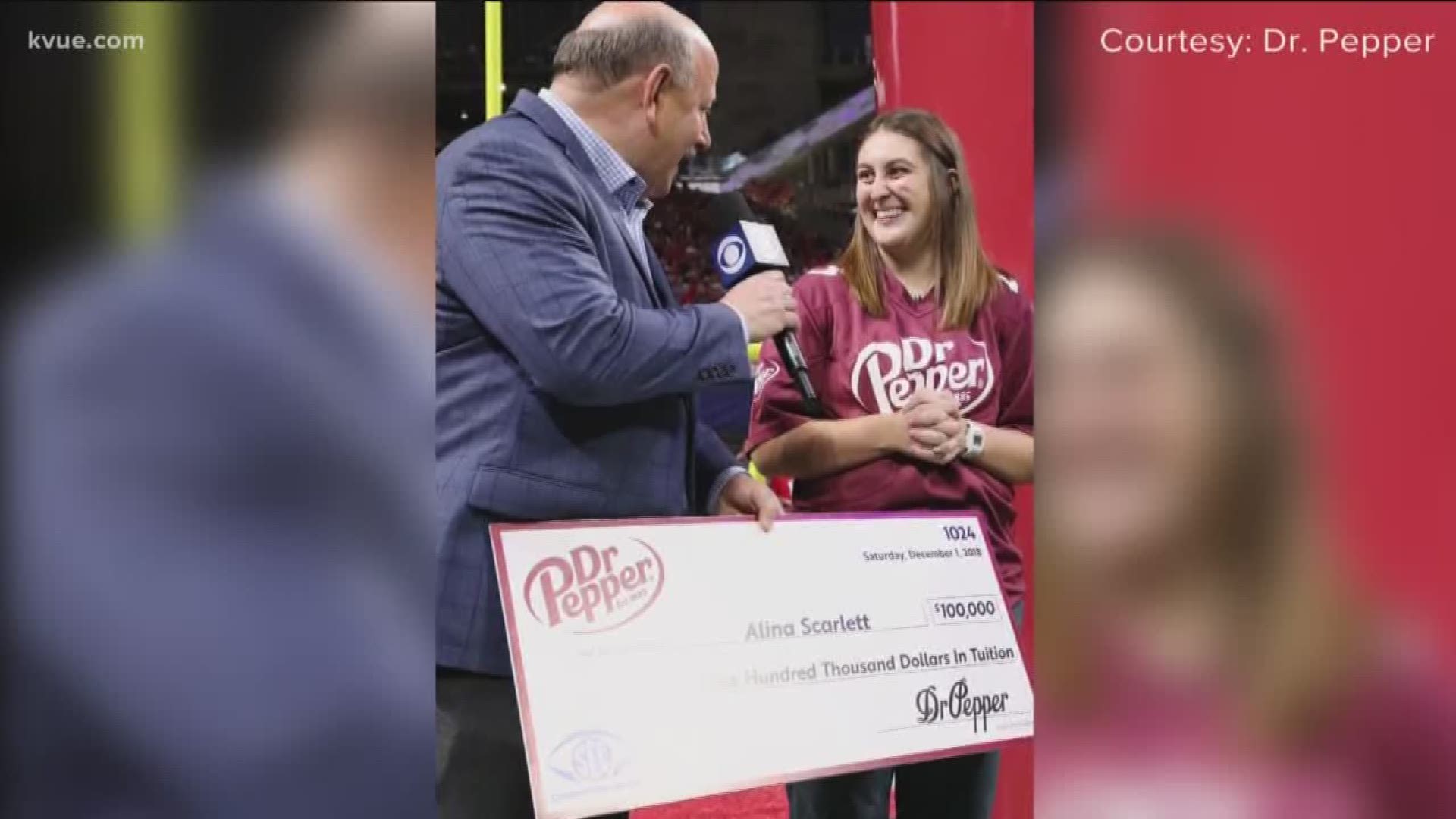 A UT student can say goodbye to her student loans. She won $100,000 at a football game and she has Dr. Pepper to thank.