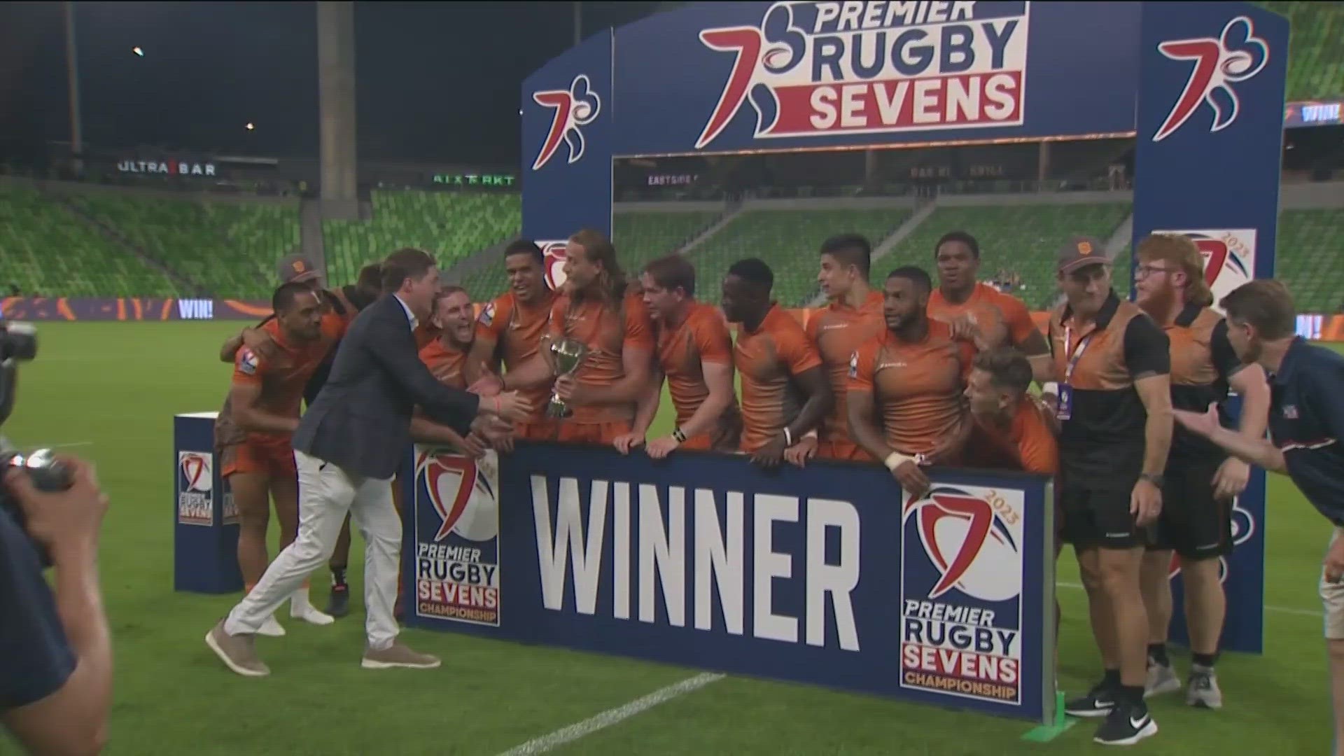 The Texas Team Men celebrate after winning Premier Rugby Sevens Eastern Conference Kickoff Championship kvue
