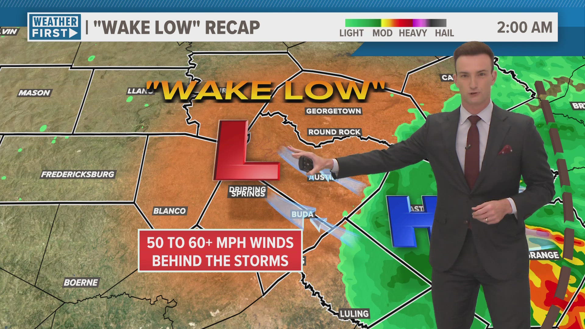 A "wake low" prompted High Wind Warnings for parts of Central Texas Tuesday night.