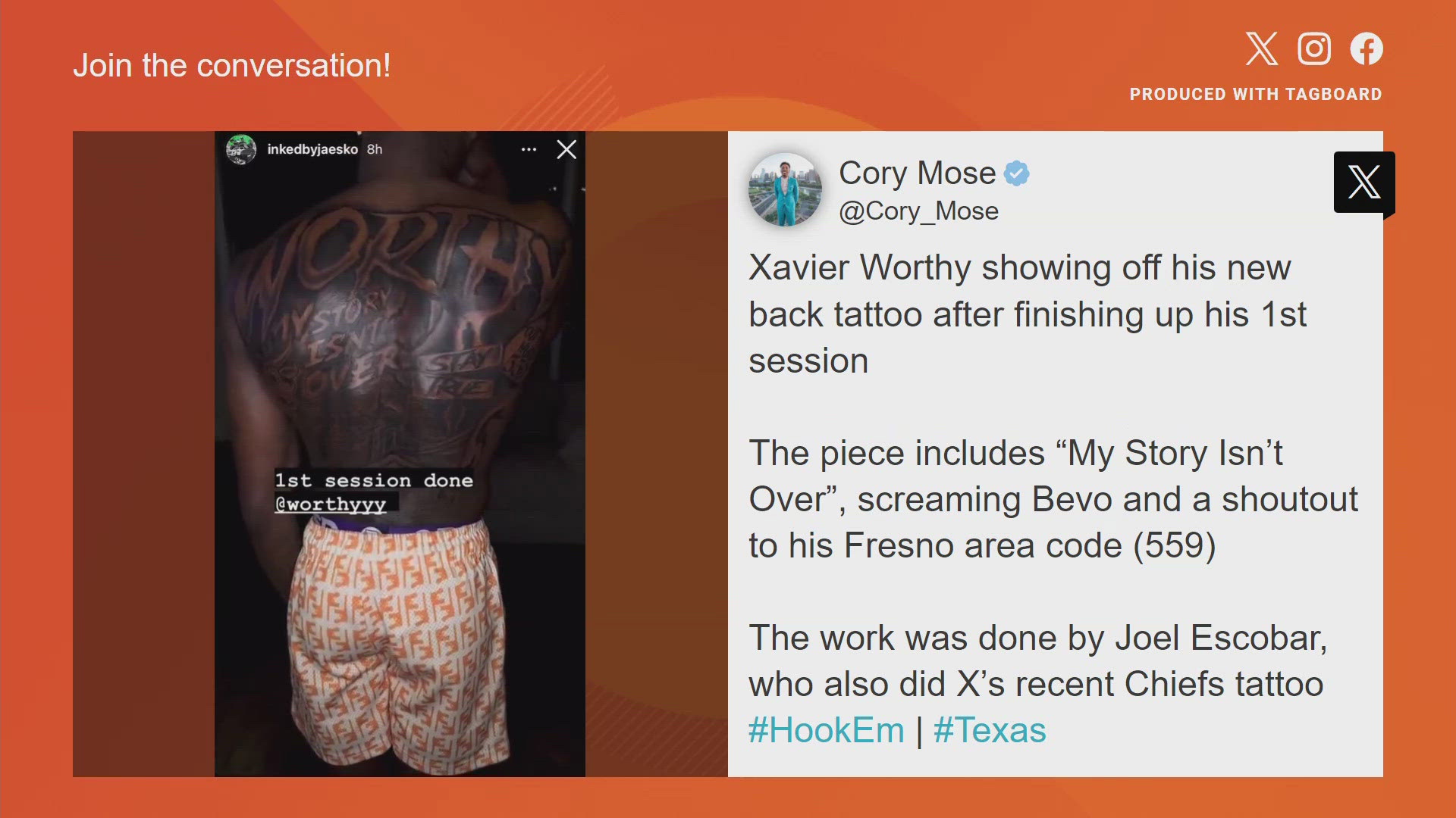 The tattoo has phrases like "My story isn't over," and a screaming Bevo.