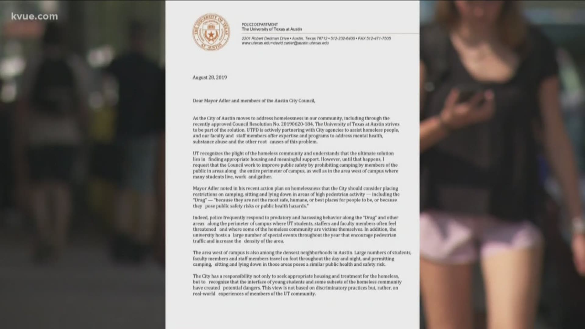 The university's police chief is calling on City leaders to reinstate Austin's camping ban.