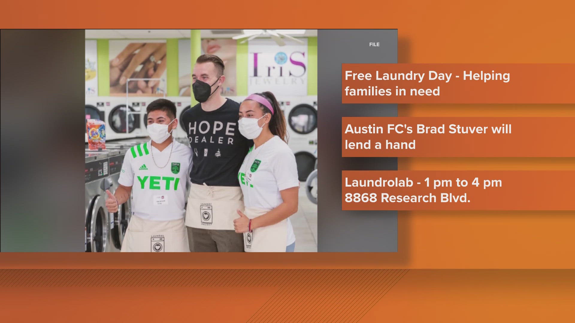 Austin FC goalie Brad Stuver will join the event from 1 p.m. to 4 p.m. at the Laundrolab Laundromat in North Austin.  