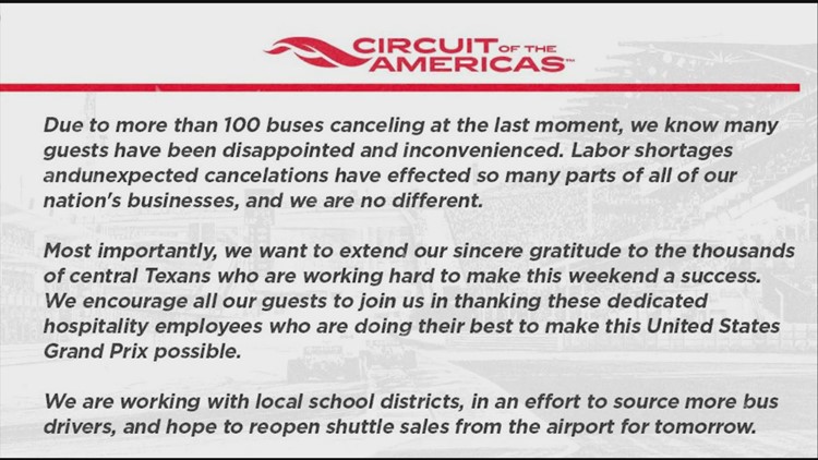 COTA experiences bus cancellations during Formula 1 U.S. Grand Prix weekend event