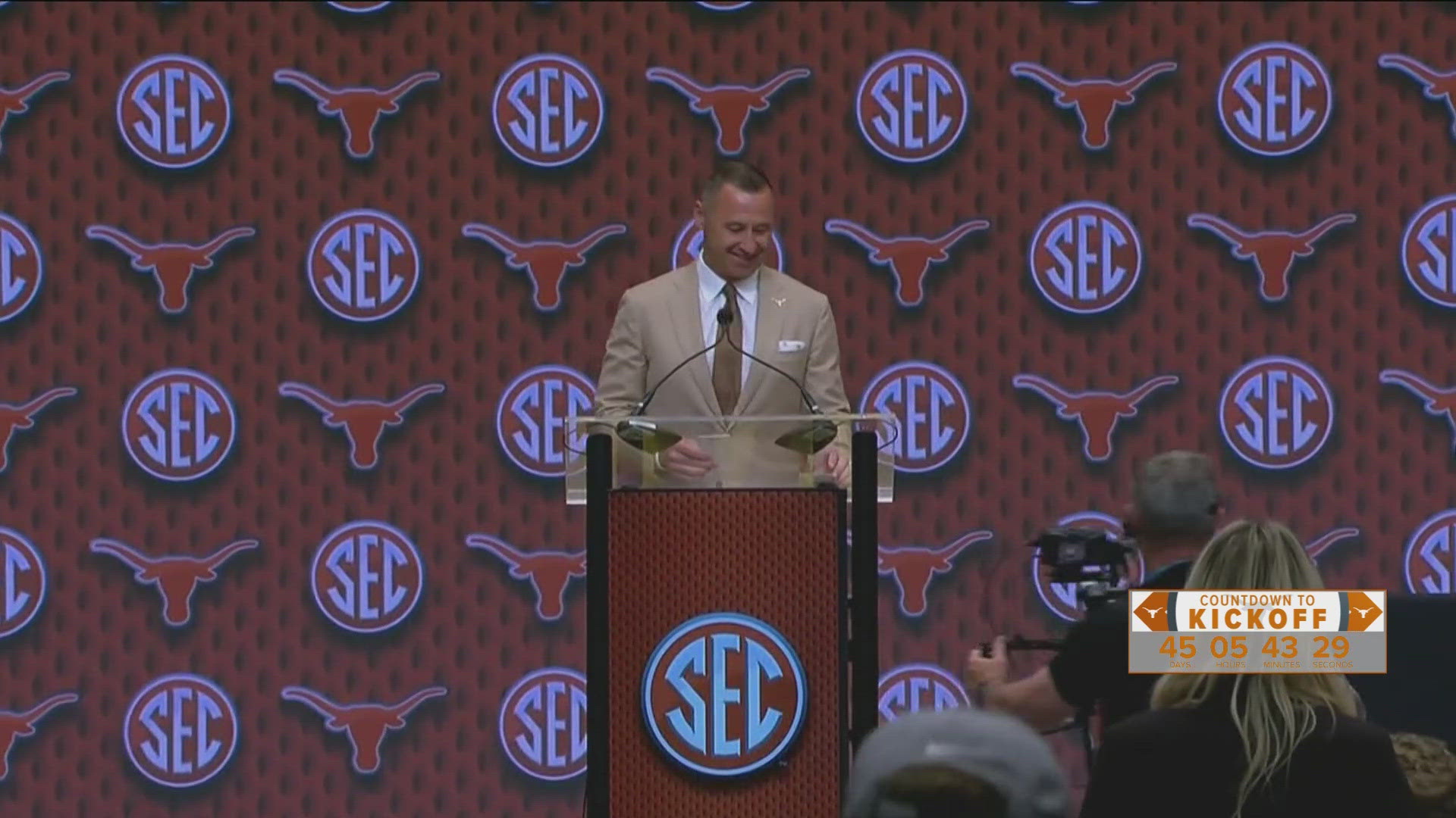 The Texas Longhorns coach walked out to the wrong song during SEC Media Days. 