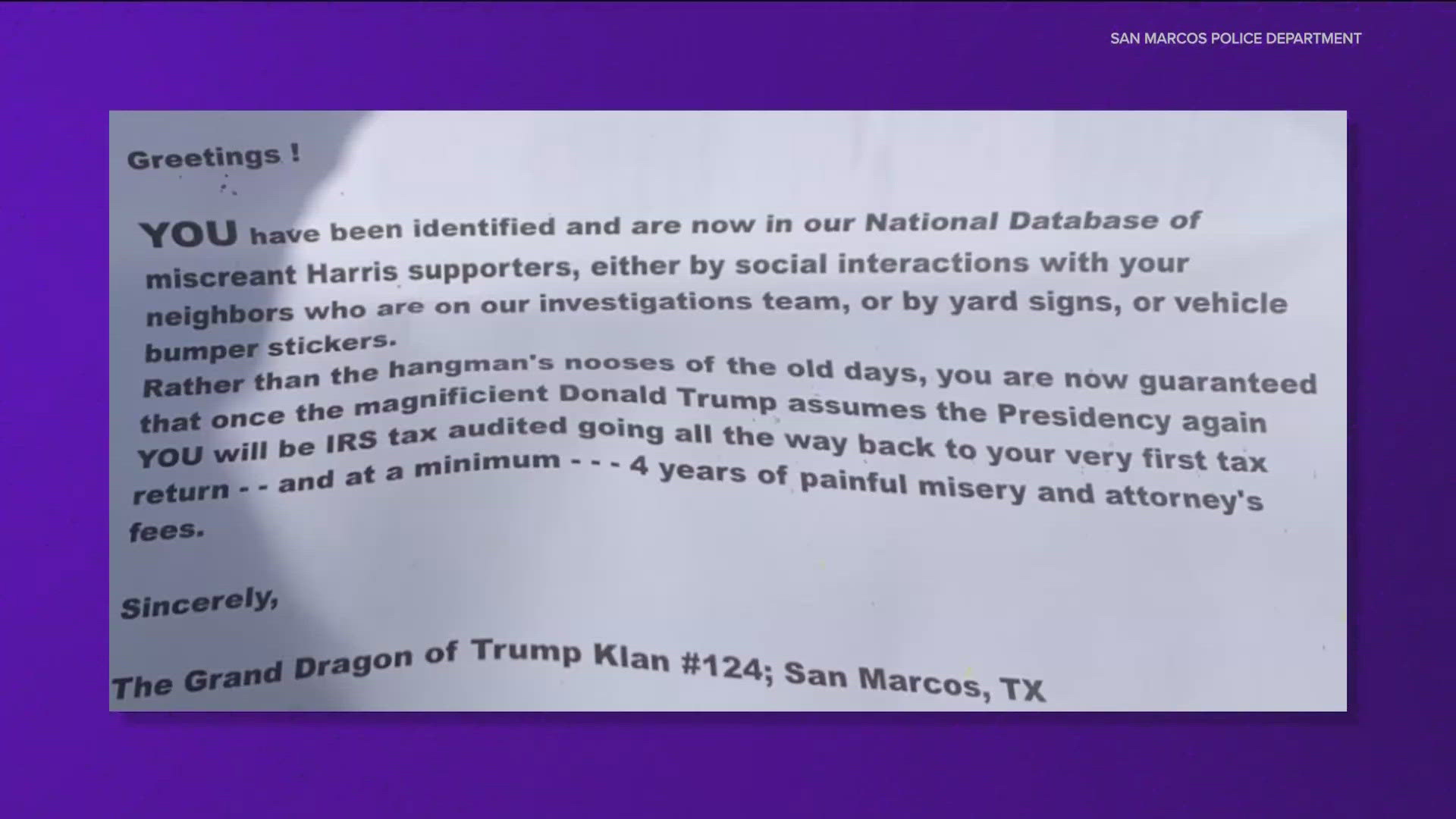 'Trump Klan' letters attached to signs in San Marcos, Texas | kvue.com