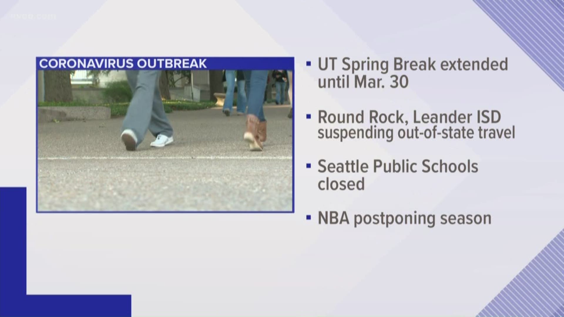 The University of Texas at Austin is extending its spring break. Classes won't resume until March 30, a week later than planned.