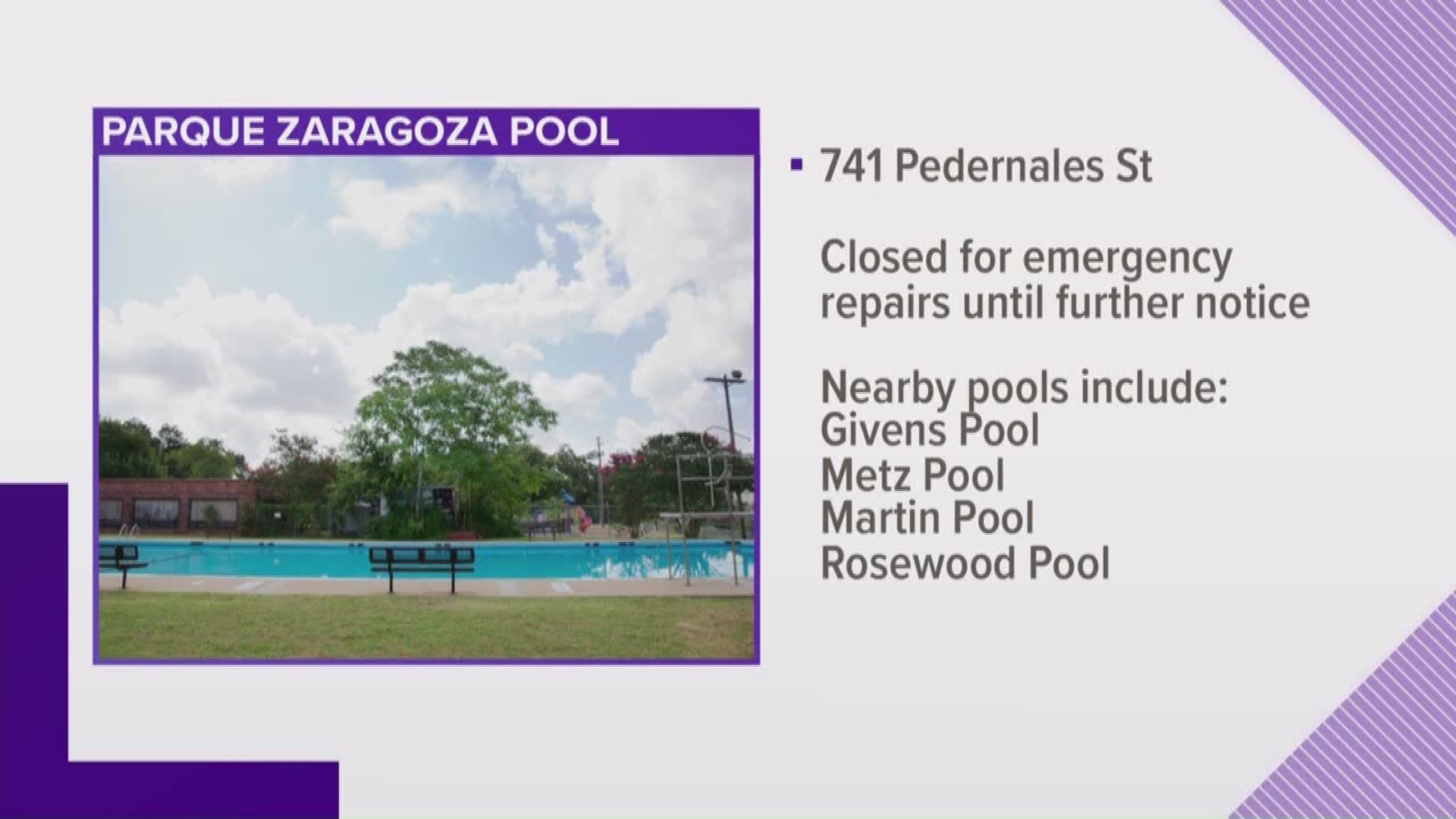 Parque Zaragoza Neighborhood Pool, located on Pedernales Street, was Saturday it was temporarily closed until further notice.