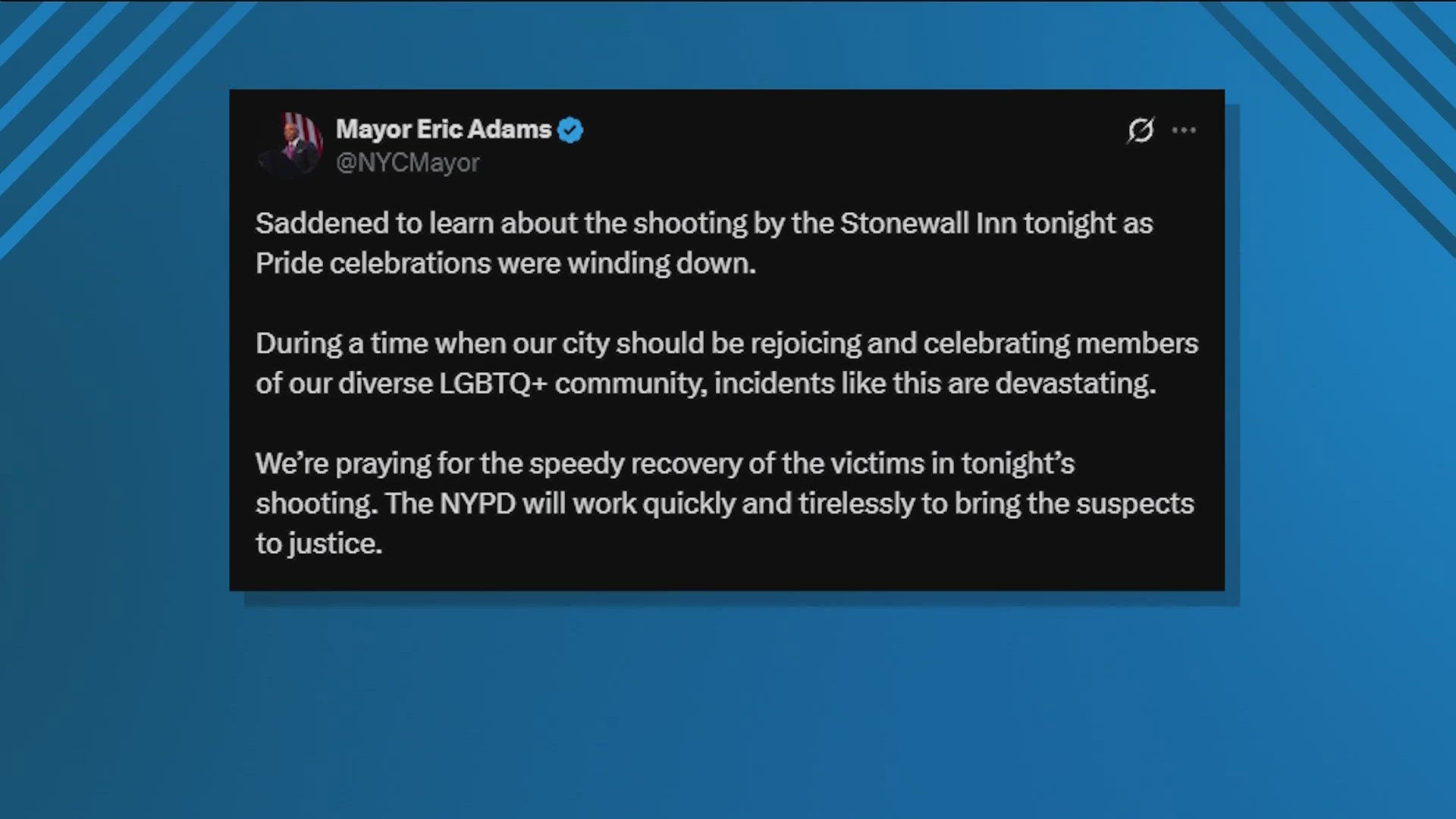 Police say two teen girls were injured outside the Stonewall Inn. A 16-year-old was shot in the head, and a 17-year-old was shot in the leg.