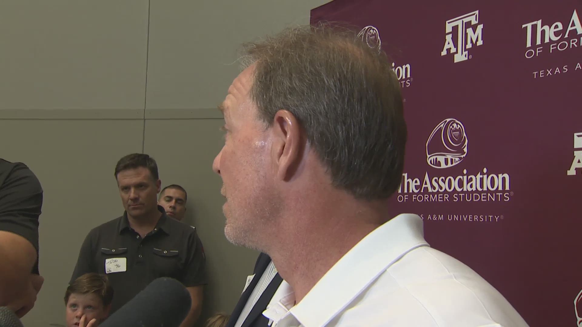 Texas A&M's football coach met with the media during a recent visit to Austin.