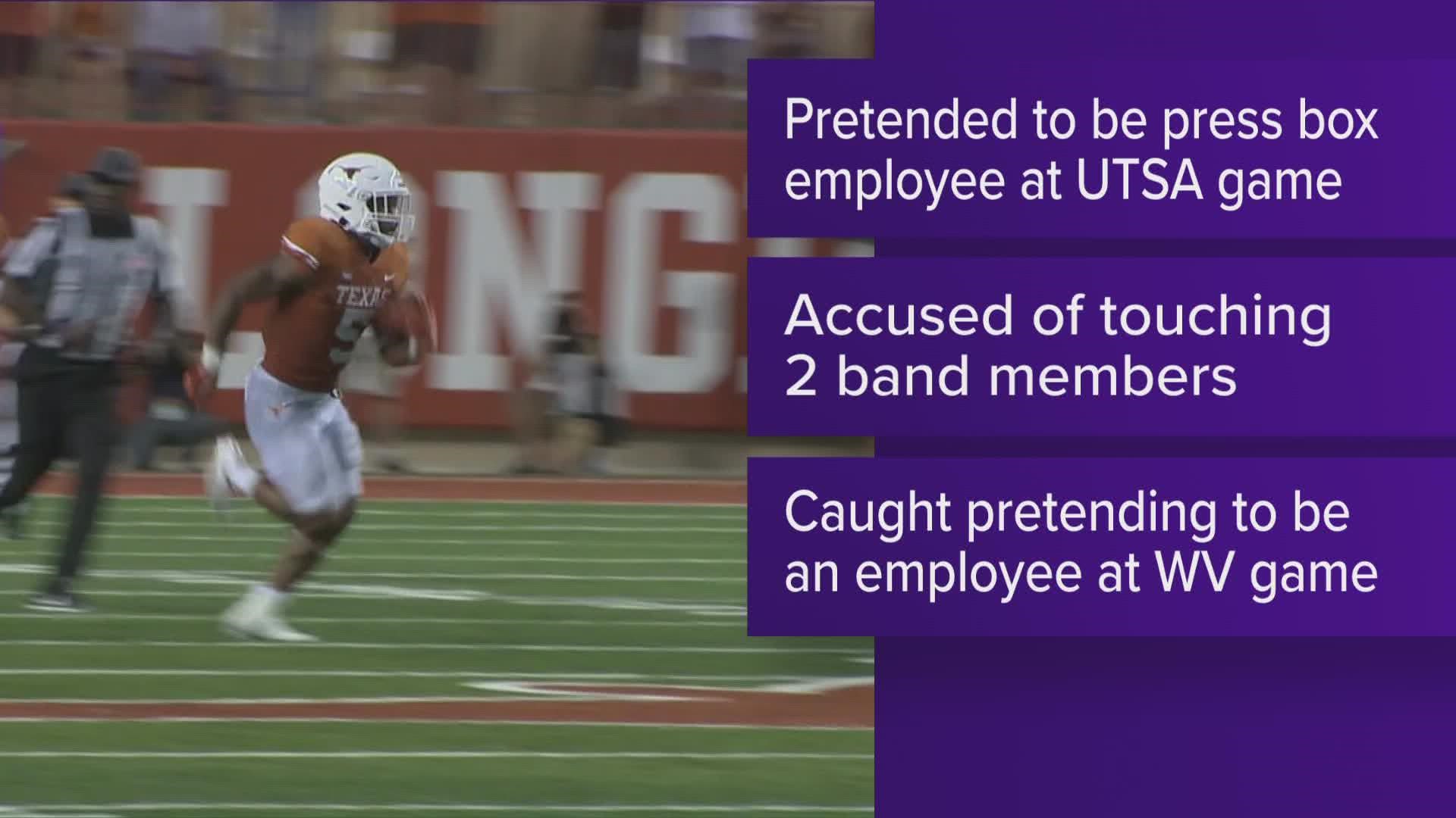 A man is in the Travis County Jail, accused of trespassing at DKR Memorial Stadium and inappropriately touching Texas band members.