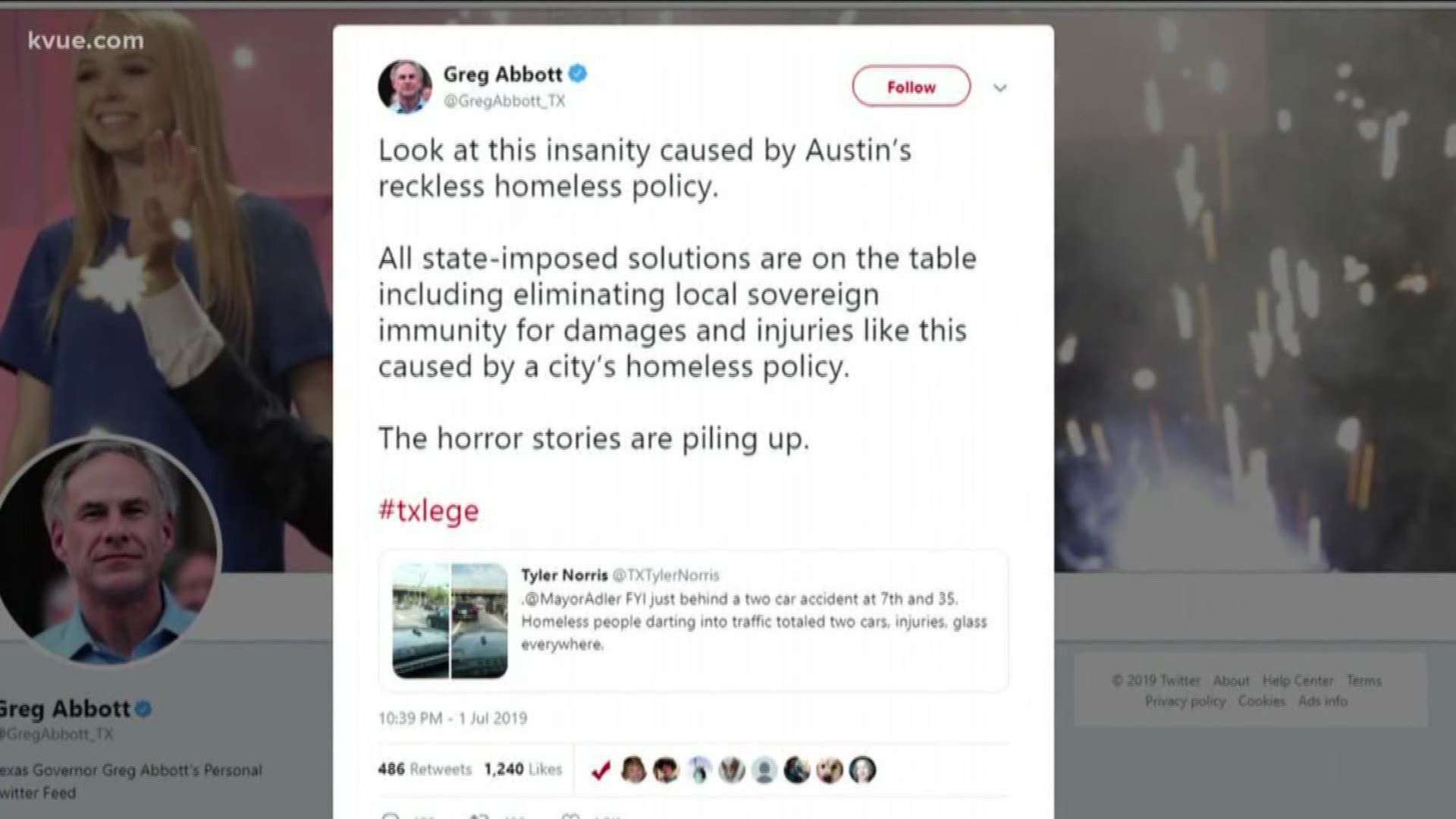 Governor Greg Abbott responded to a picture of a car wreck that some said was caused by homeless people darting into traffic.