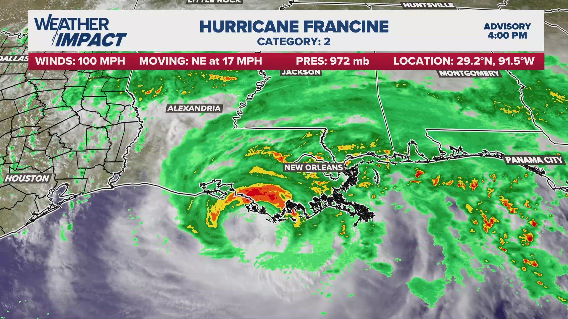 With the 4 p.m. update, Hurricane Francine's maximum sustained winds remain at 100 mph. It was picking up speed, moving to the northeast at 17 miles per hour.