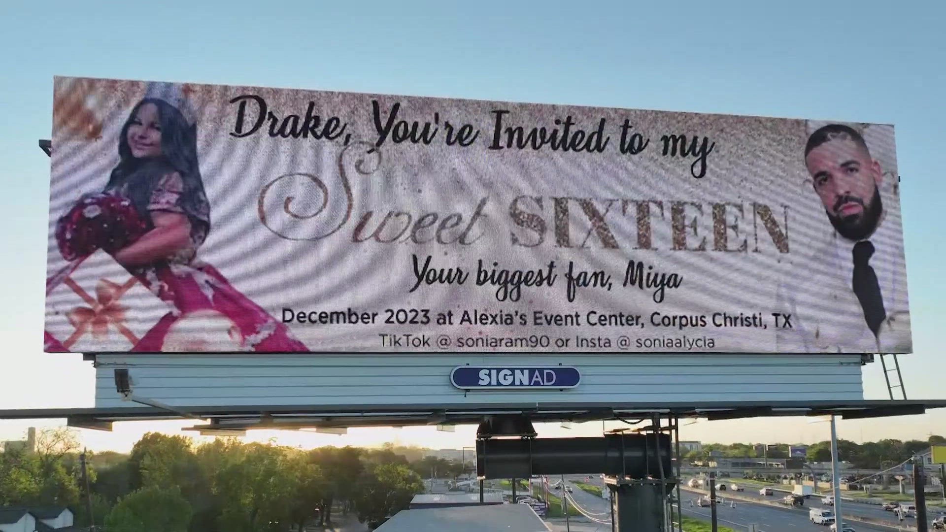 The billboard is in Jacinto City. Miya is asking one of the Houston-area's newest residents to her Sweet 16.