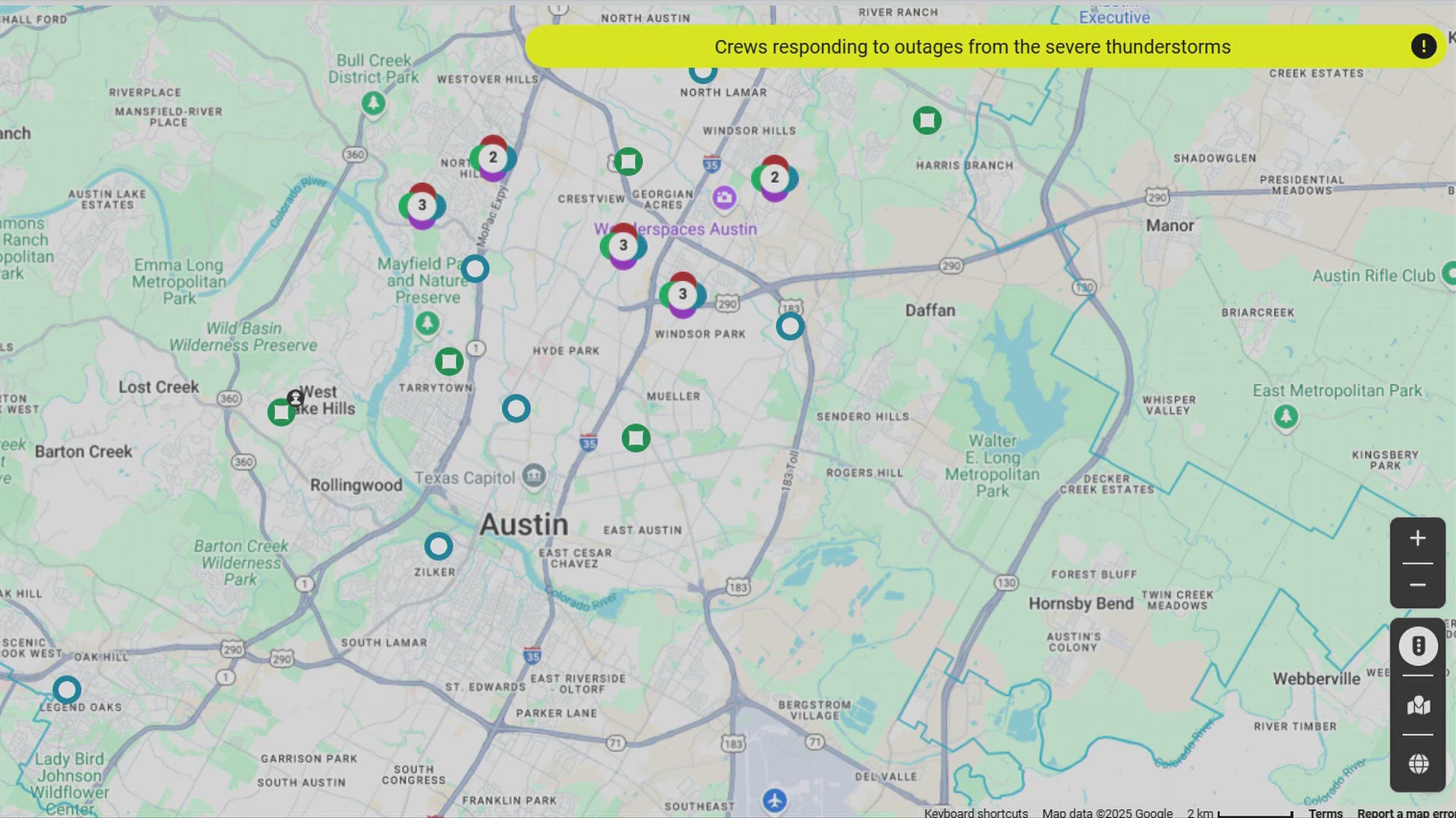 Nearly 9,000 customers were without power at one point on Monday night as lightning and strong winds impacted parts of Central Texas. 